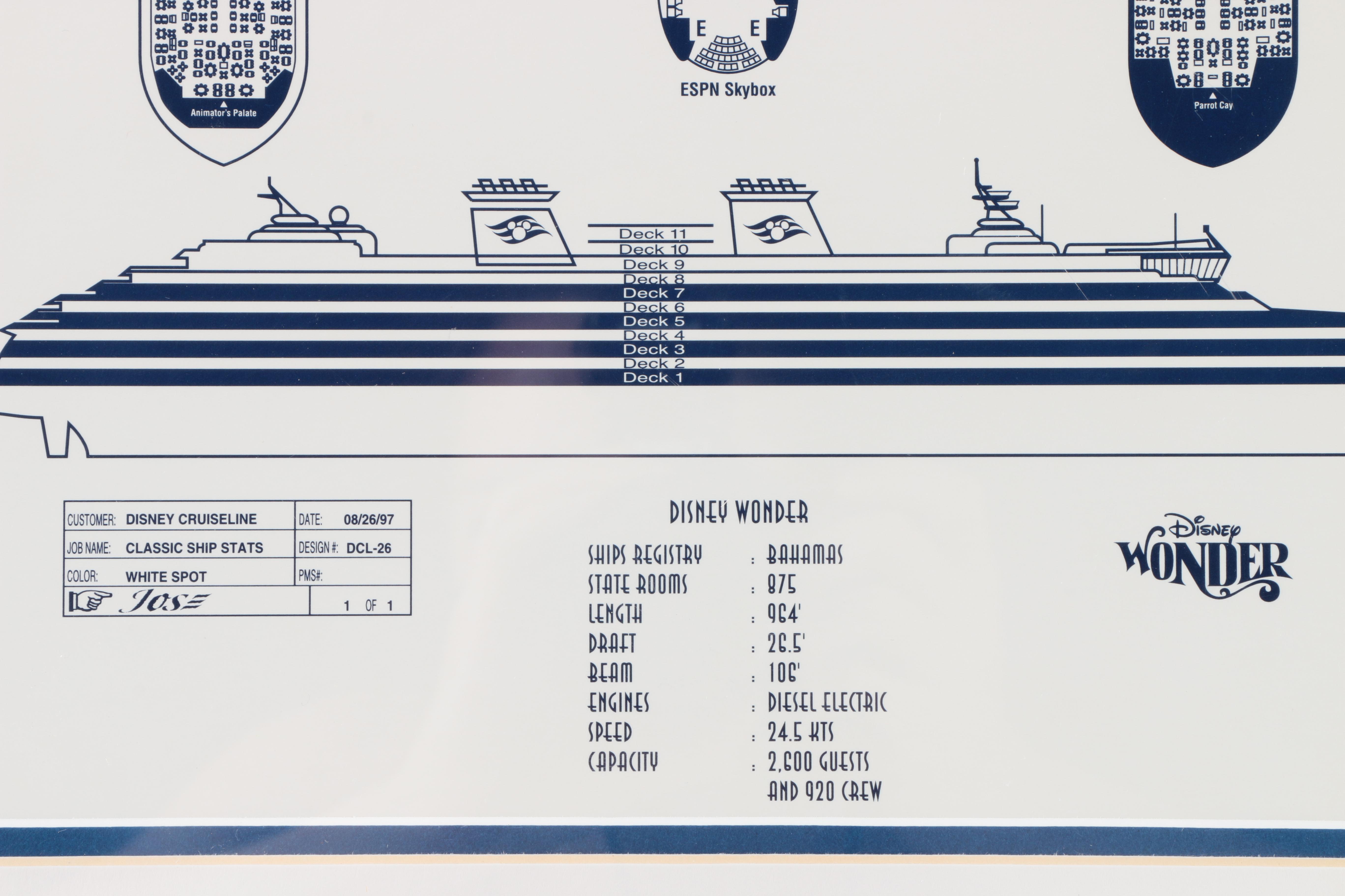 Limited Edition Offset Lithograph of Deck Plans for the "Disney Wonder" Cruise Ship