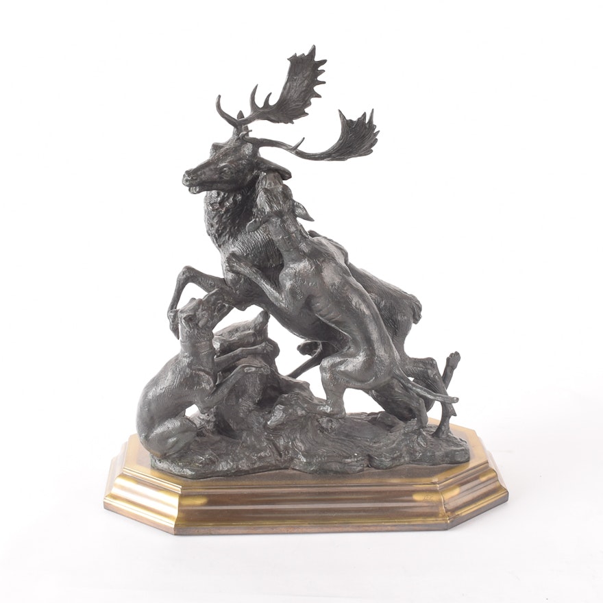 Bronze Sculpture of Dogs Tackling an Elk After R. Muran