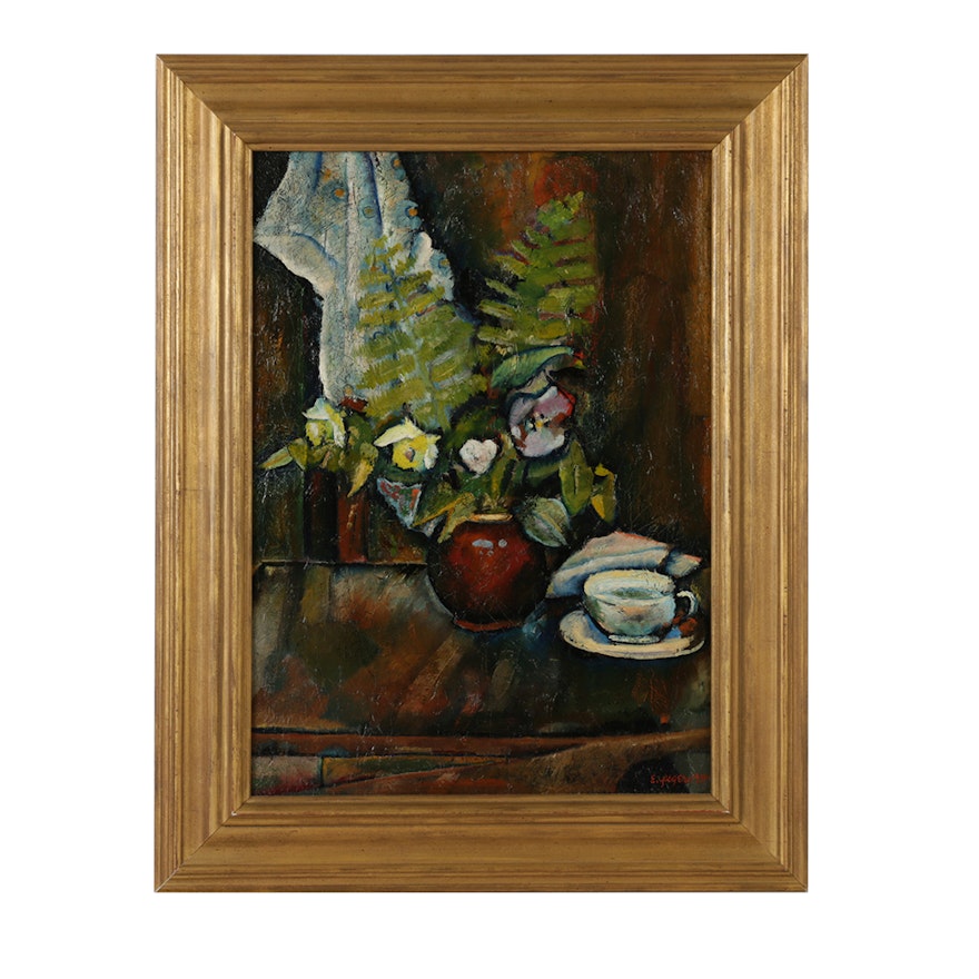 Edgar Yaeger Oil Painting on Canvas "Still Life on Floral Print Cloth"