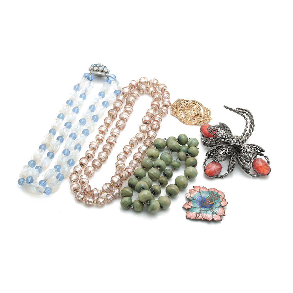 Assortment of Glass Necklaces and Brooches