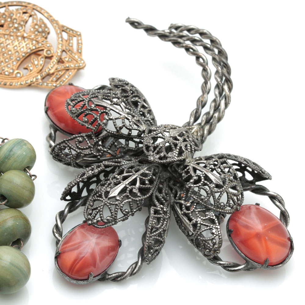 Assortment of Glass Necklaces and Brooches