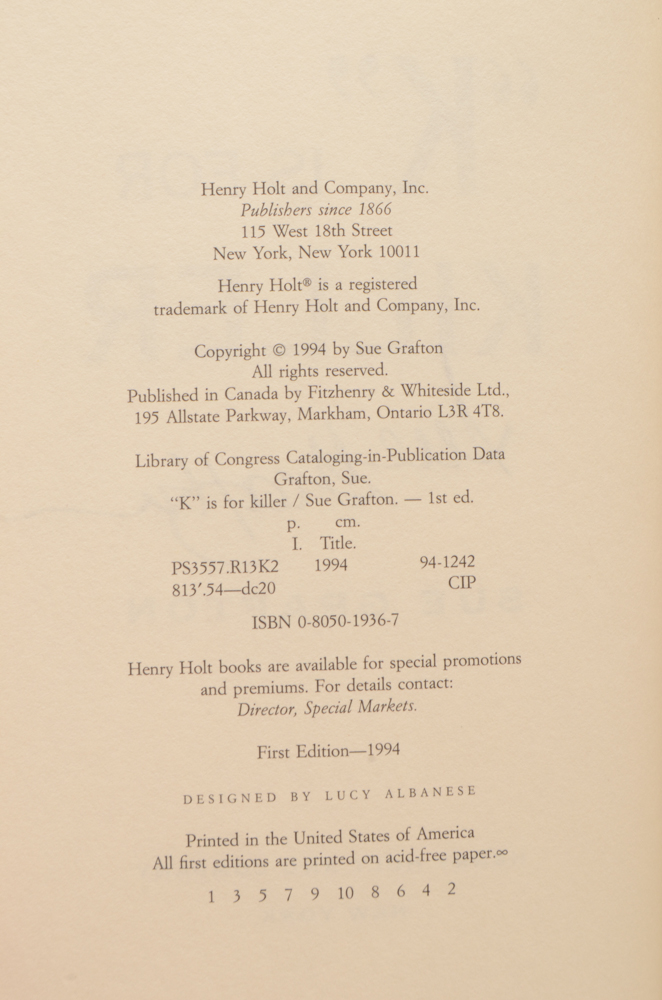 Signed First Edition "'K' is for Killer" by Sue Grafton