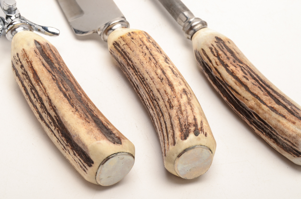 Three-Piece Sheffield Carving Set with Stag Antler Handles