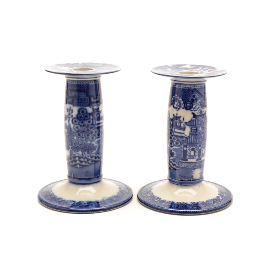 Antique Royal Doulton "Willow" Porcelain Candlesticks