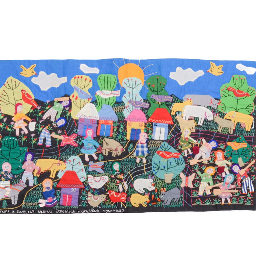 Signed Colombian Folk Art Embroidered Tapestry