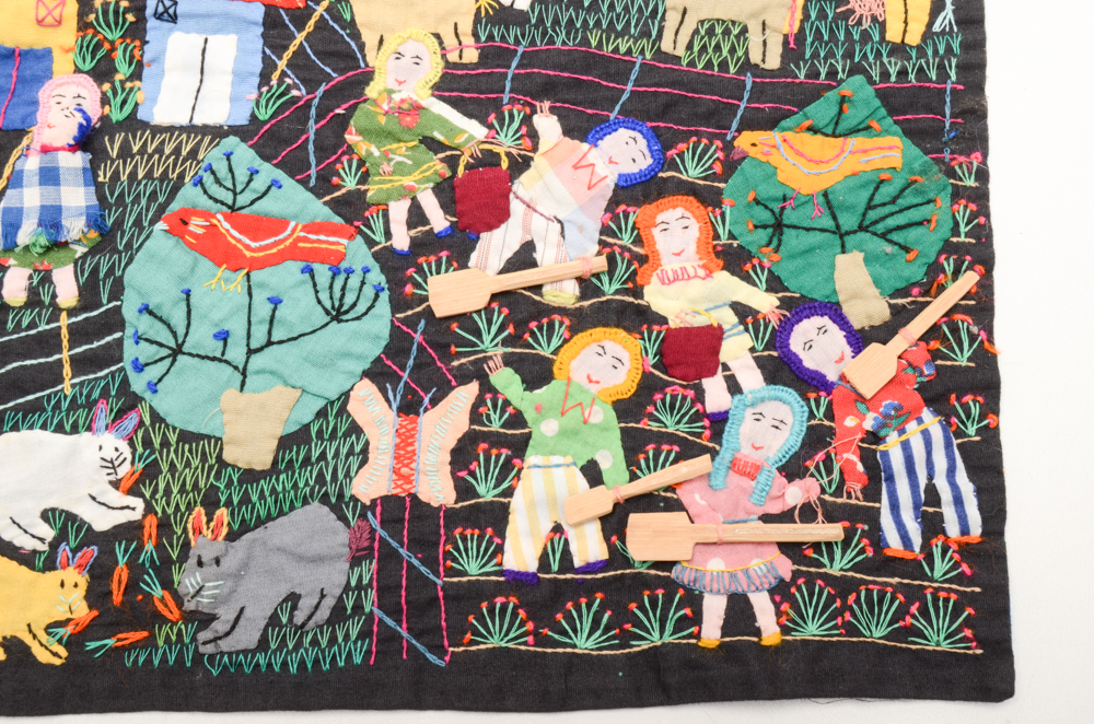 Signed Colombian Folk Art Embroidered Tapestry