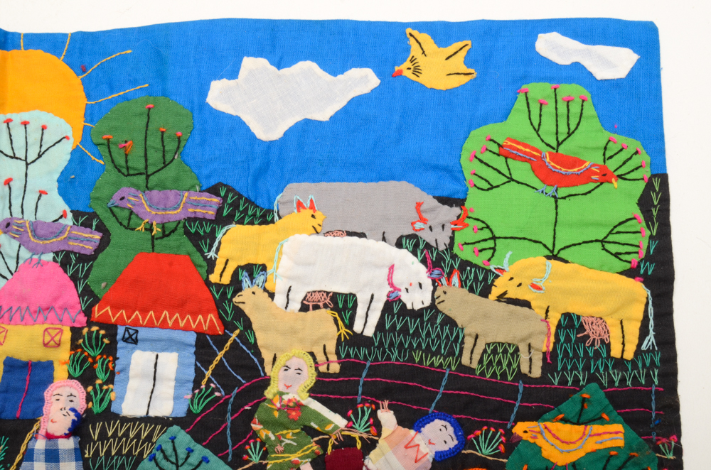 Signed Colombian Folk Art Embroidered Tapestry