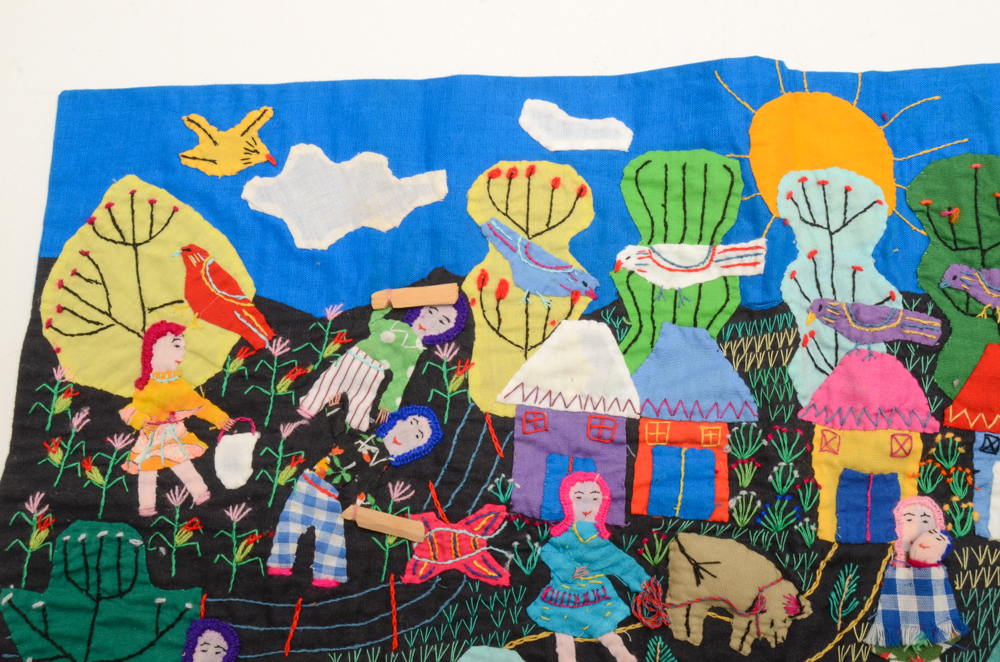 Signed Colombian Folk Art Embroidered Tapestry