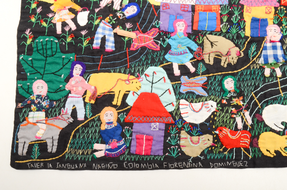 Signed Colombian Folk Art Embroidered Tapestry