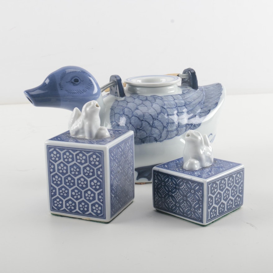 Chinese Duck Teapot and Guardian Lion Paperweights