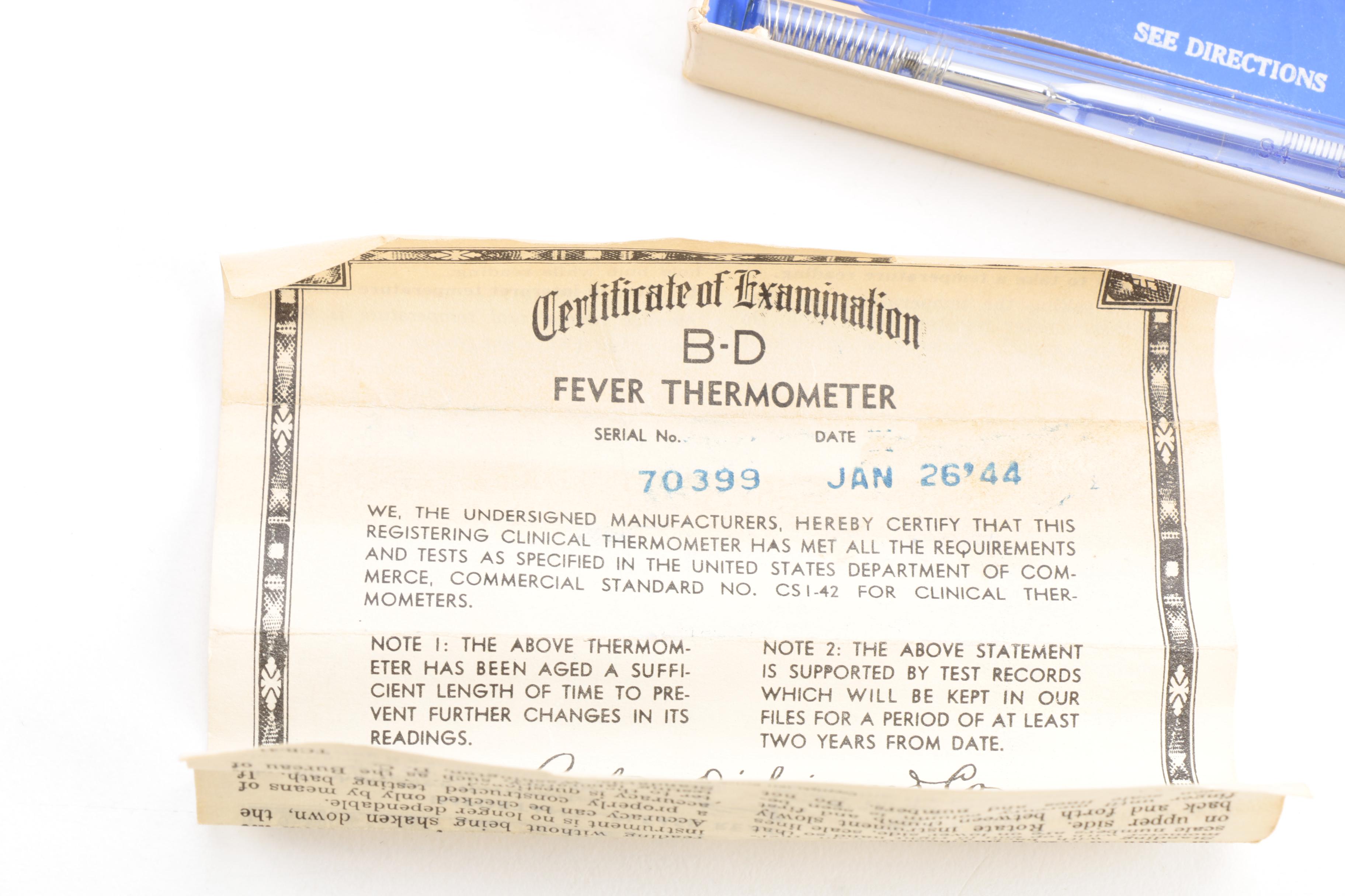 Vintage Assorted Thermometers Including B-D Manhattan "Fever Thermometer", Circa 1944