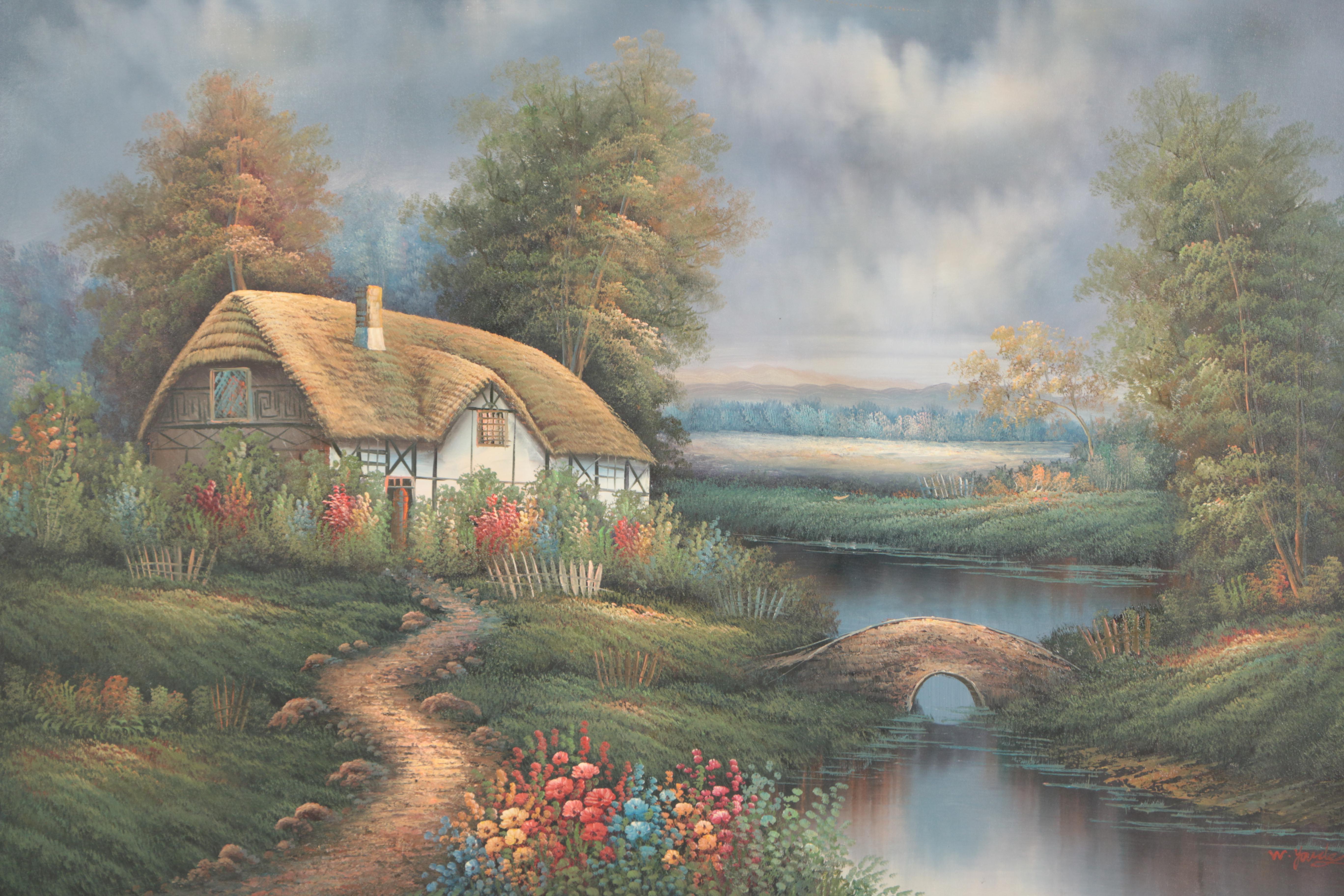 W. Youdes Oil on Canvas of Thatched Roof Cottage and Garden