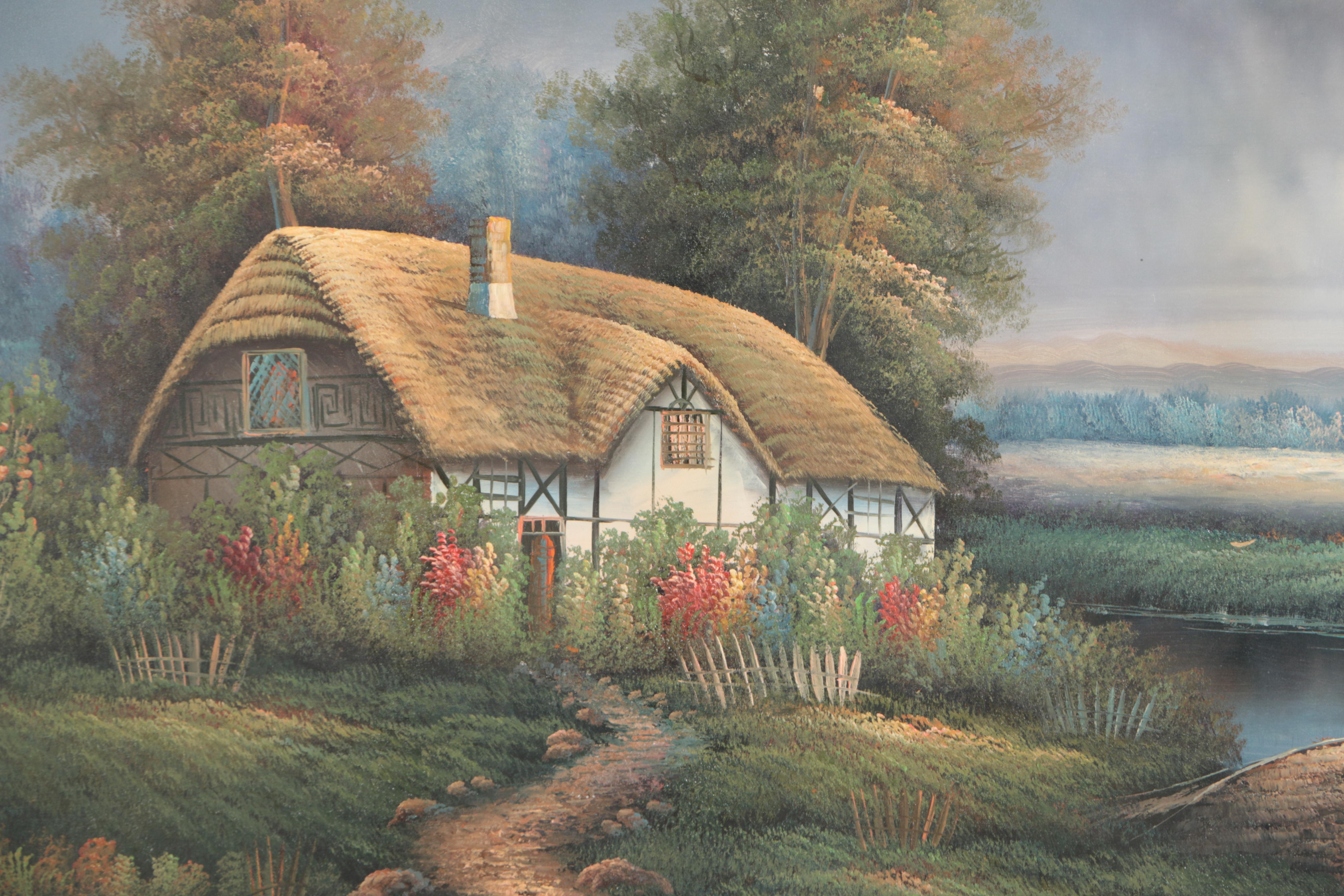W. Youdes Oil on Canvas of Thatched Roof Cottage and Garden