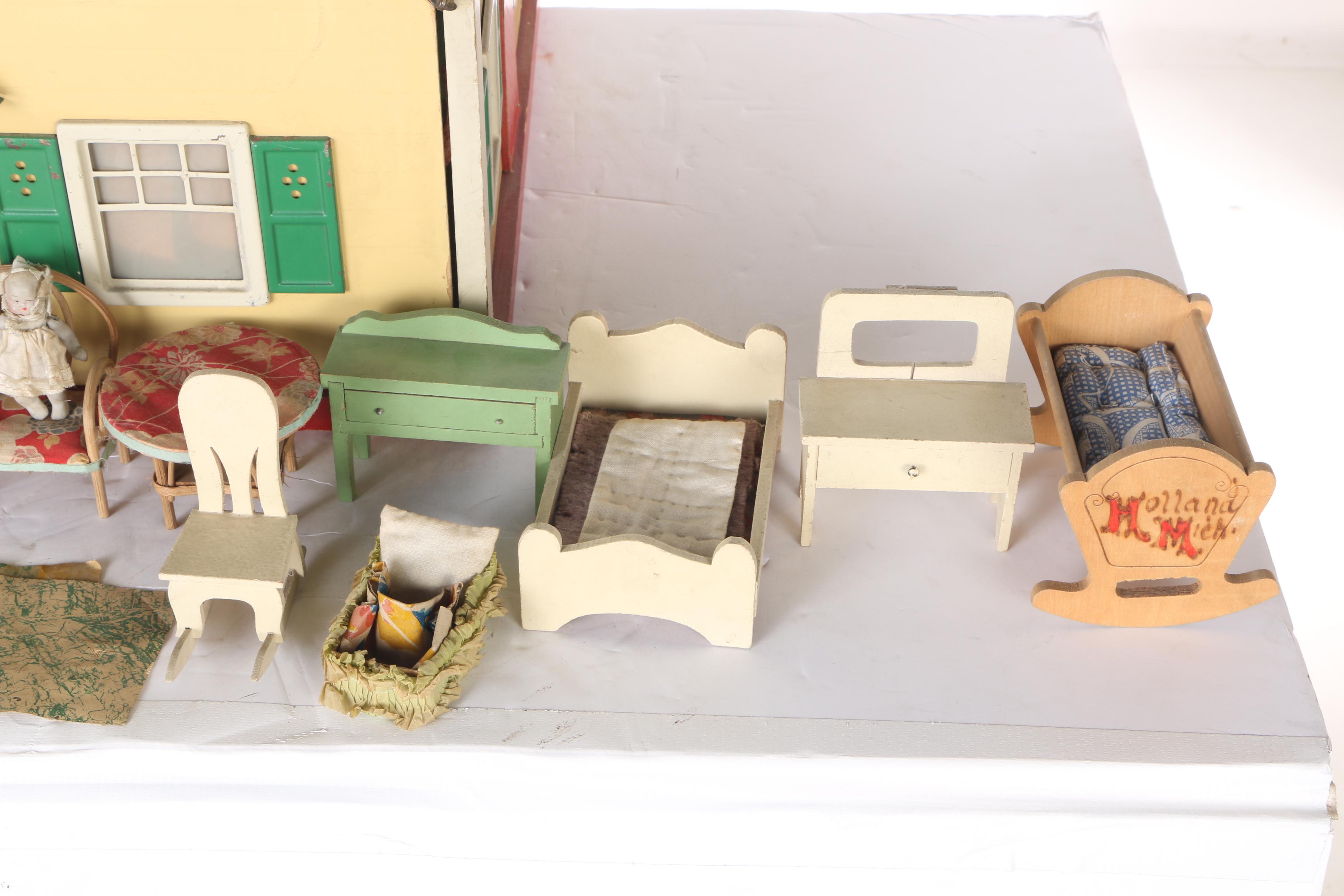Vintage Yellow Wood Doll House, Dolls, and Accessories