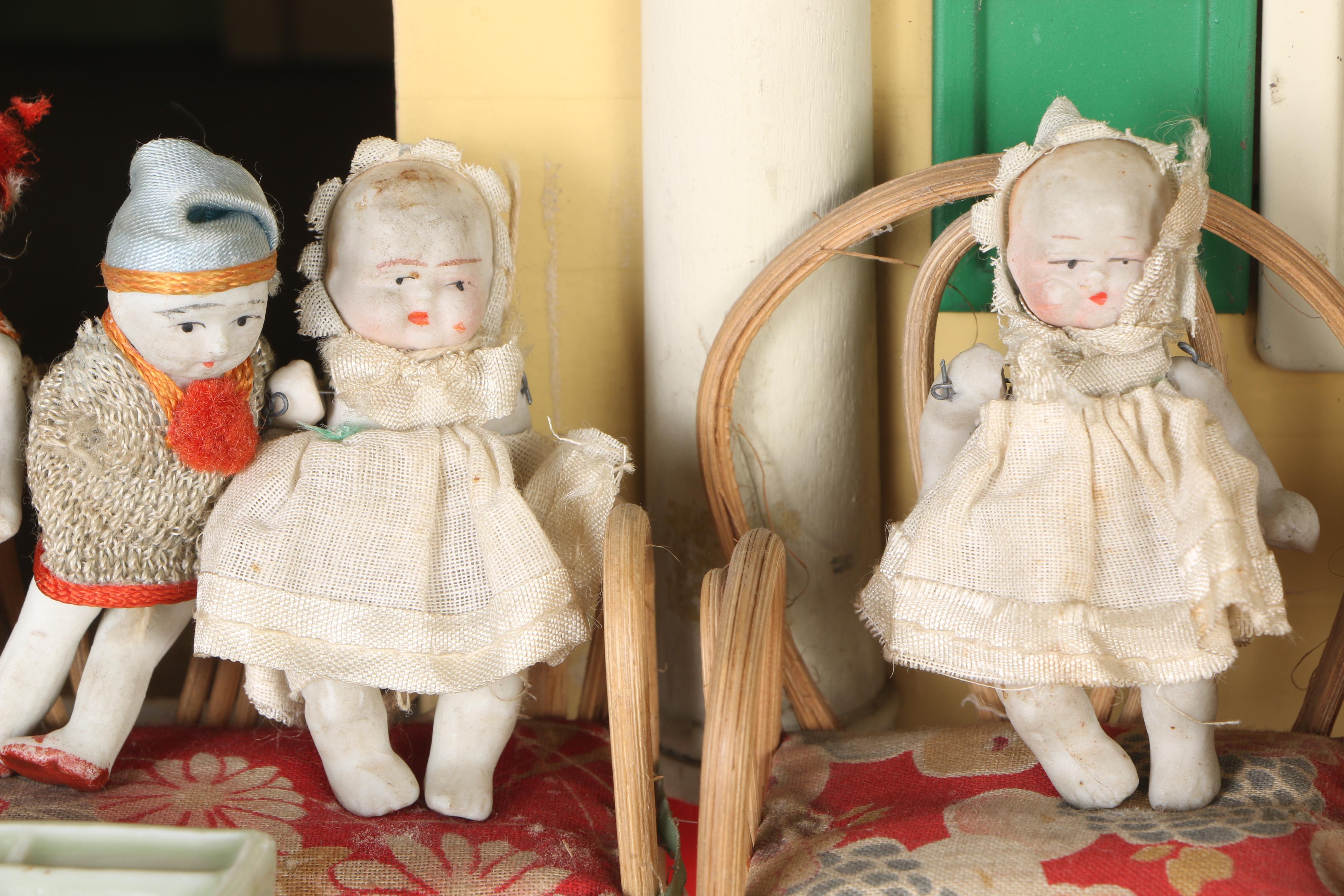 Vintage Yellow Wood Doll House, Dolls, and Accessories