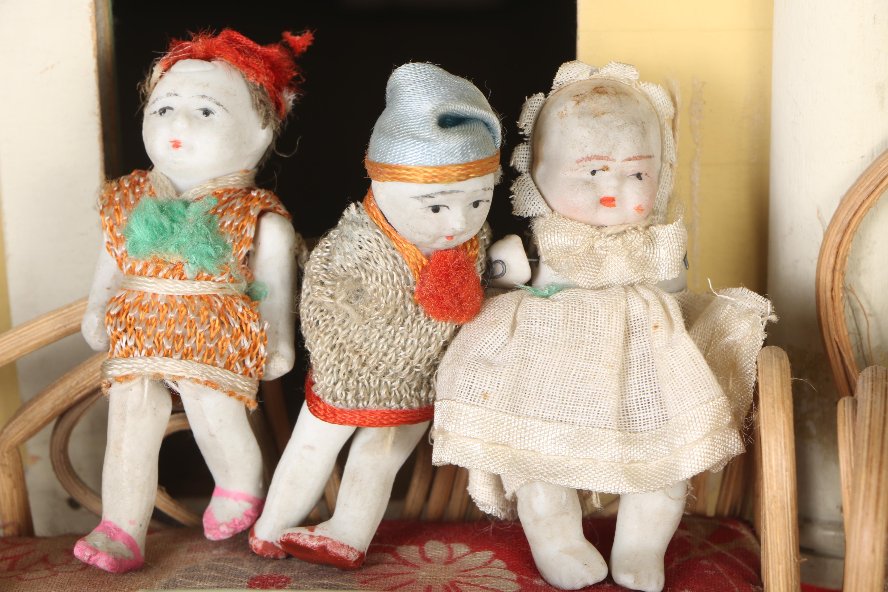 Vintage Yellow Wood Doll House, Dolls, and Accessories