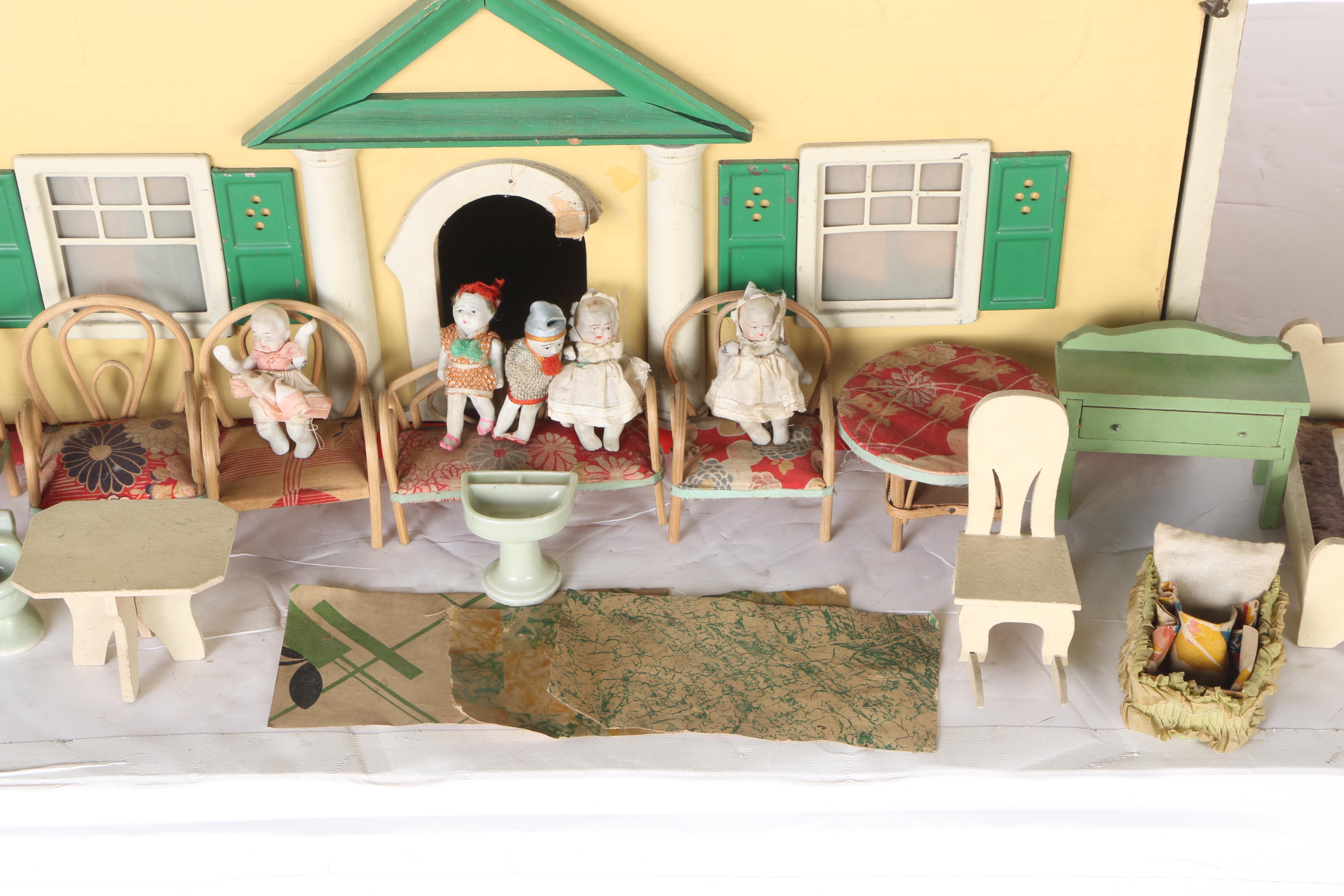 Vintage Yellow Wood Doll House, Dolls, and Accessories