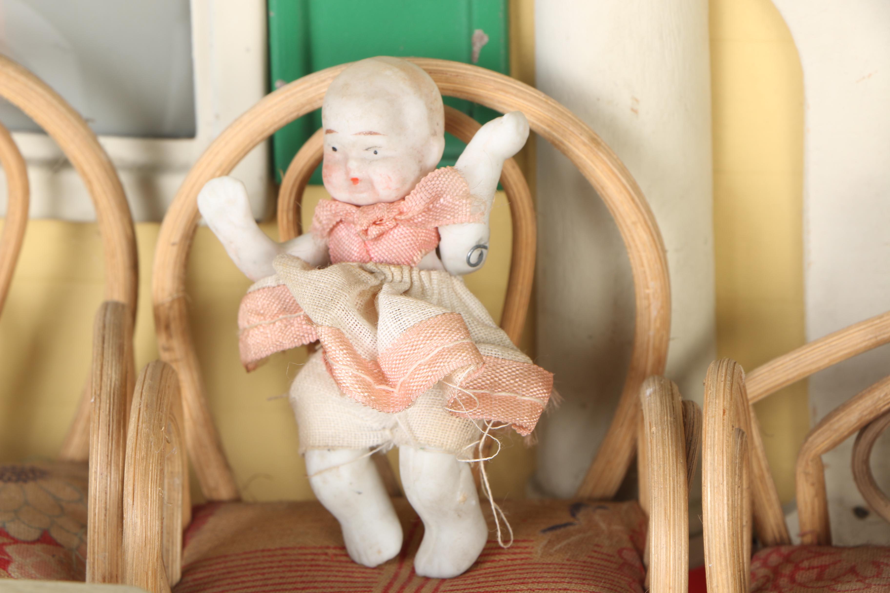 Vintage Yellow Wood Doll House, Dolls, and Accessories