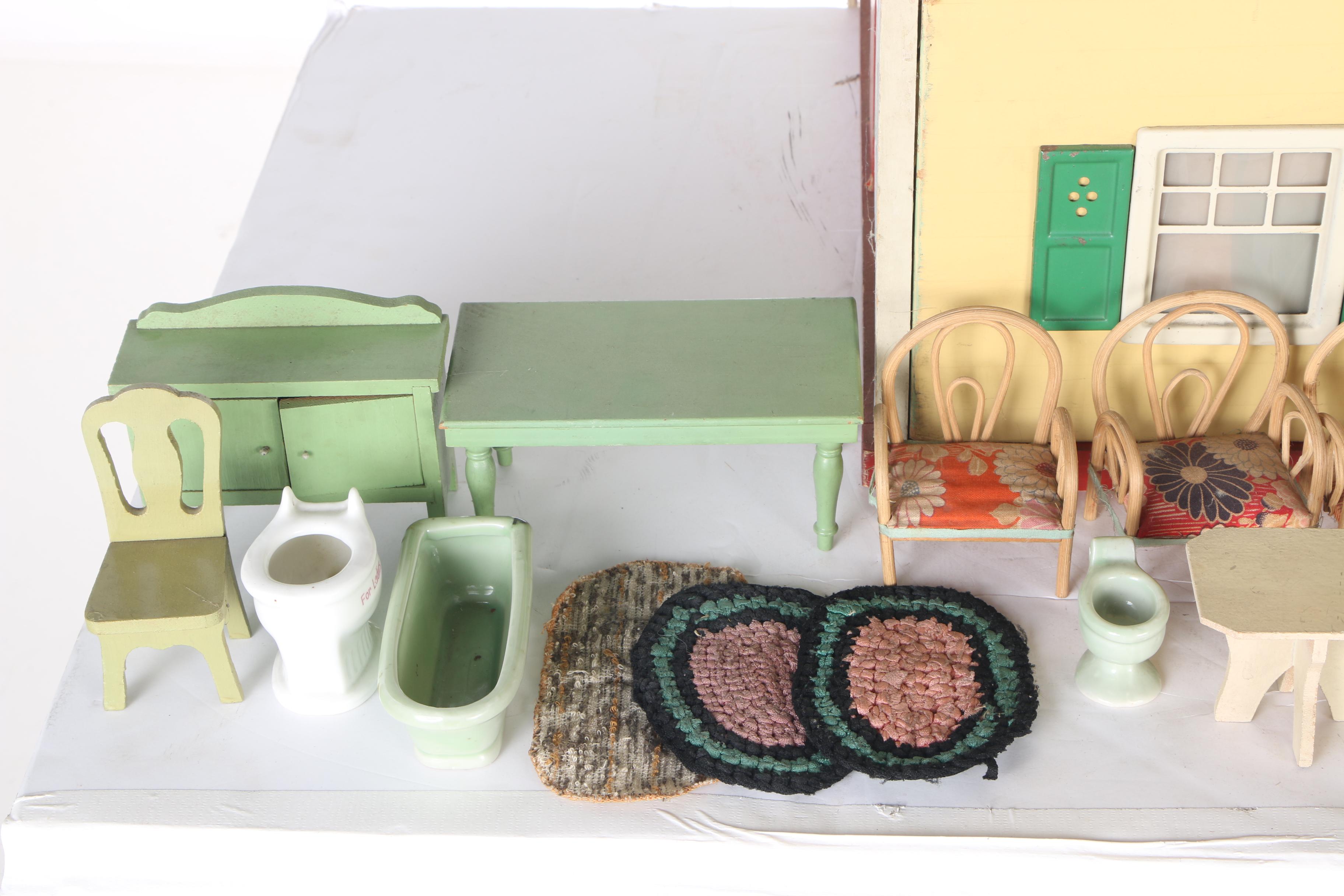 Vintage Yellow Wood Doll House, Dolls, and Accessories