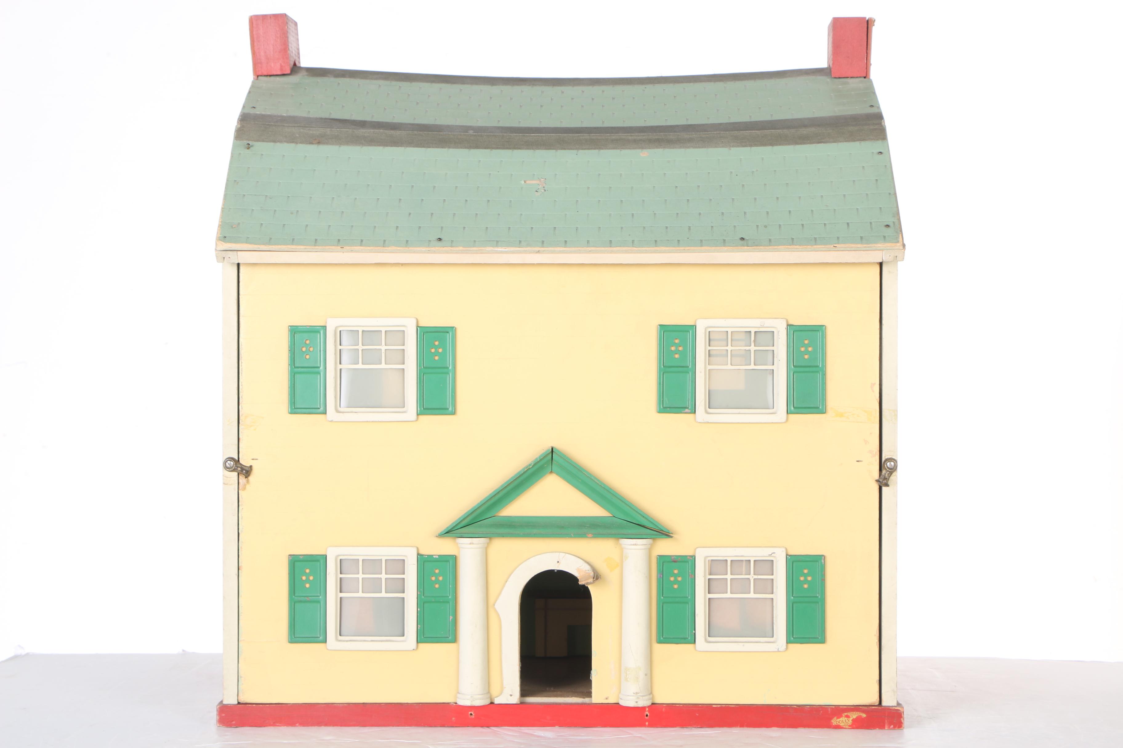 Vintage Yellow Wood Doll House, Dolls, and Accessories