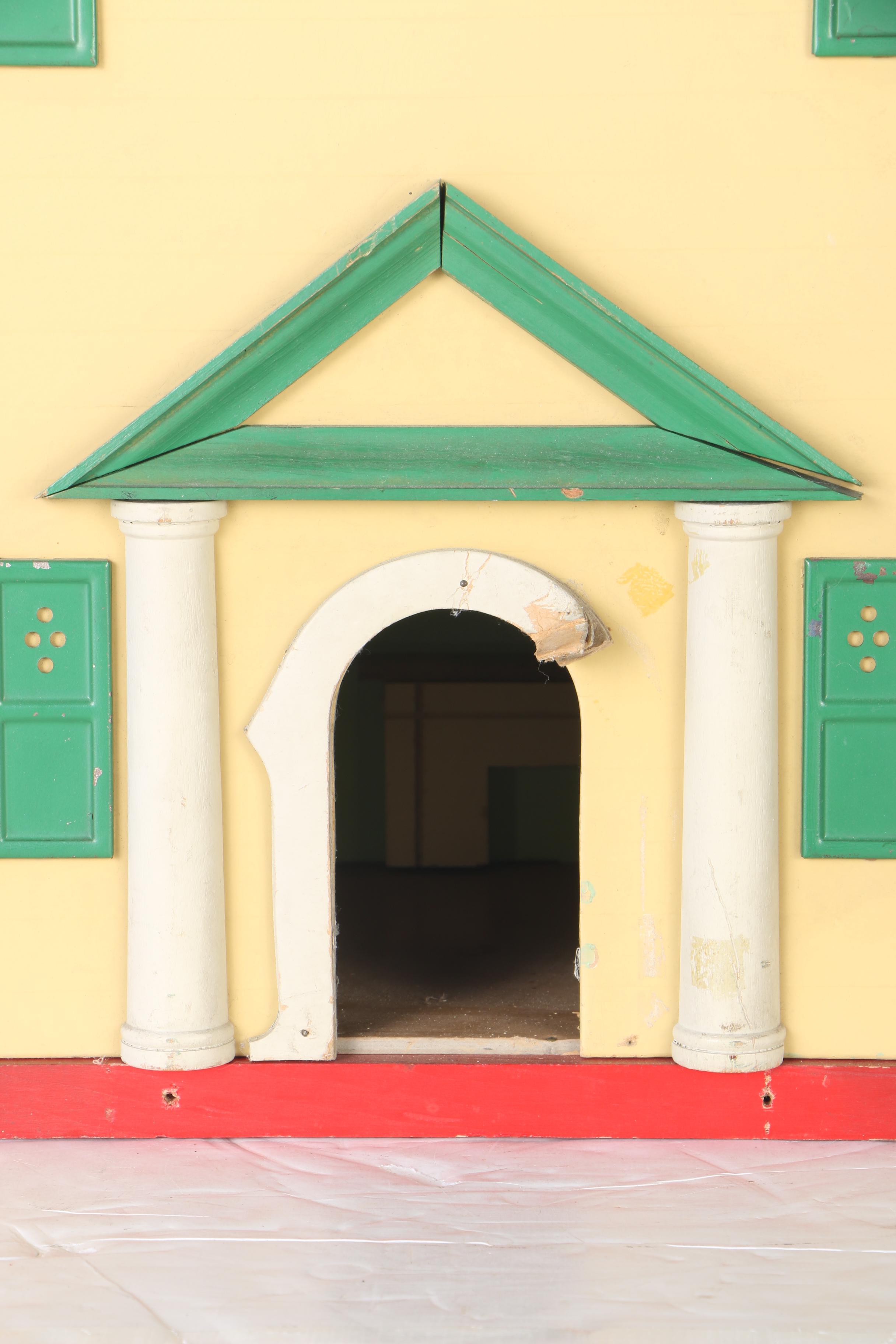 Vintage Yellow Wood Doll House, Dolls, and Accessories