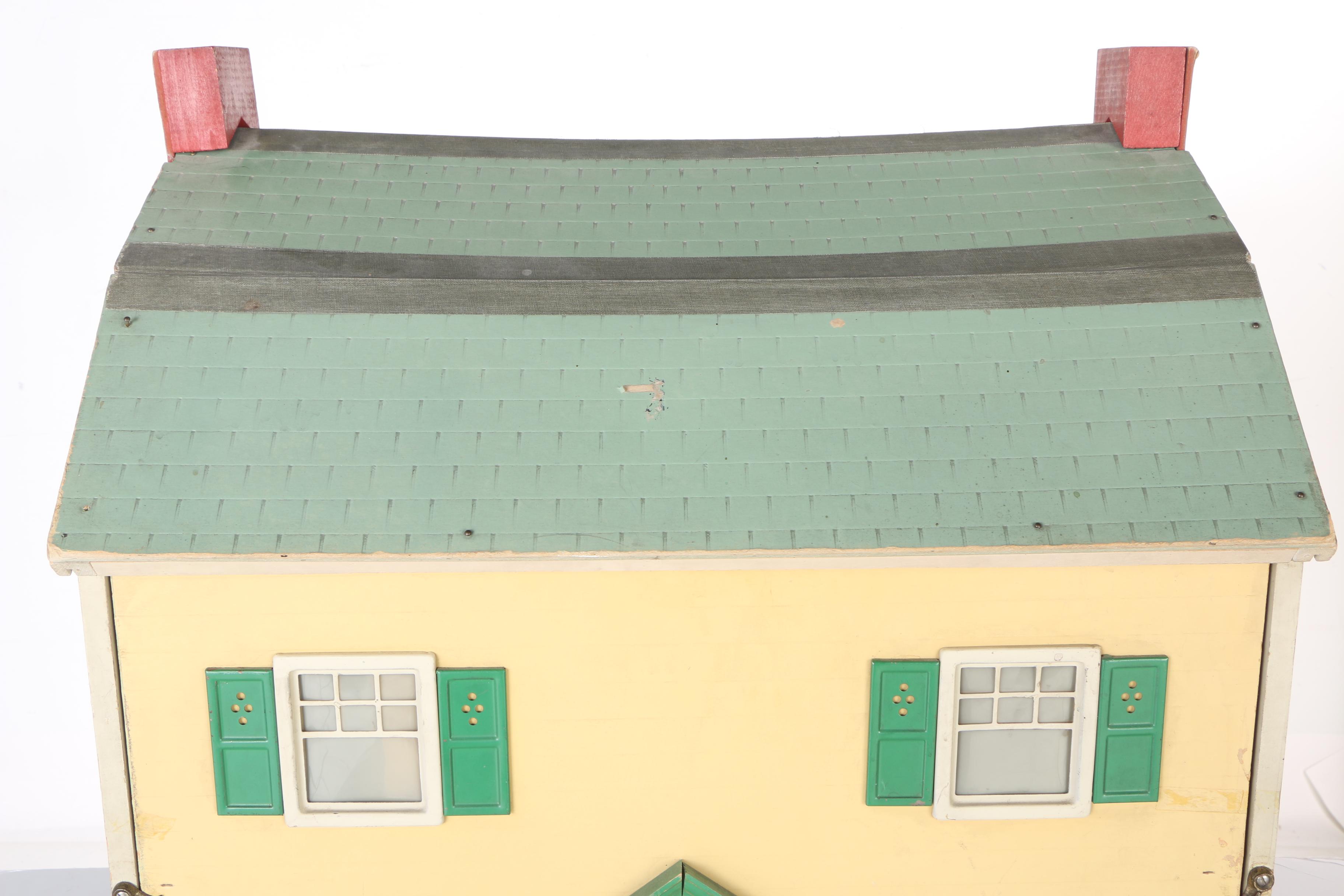 Vintage Yellow Wood Doll House, Dolls, and Accessories