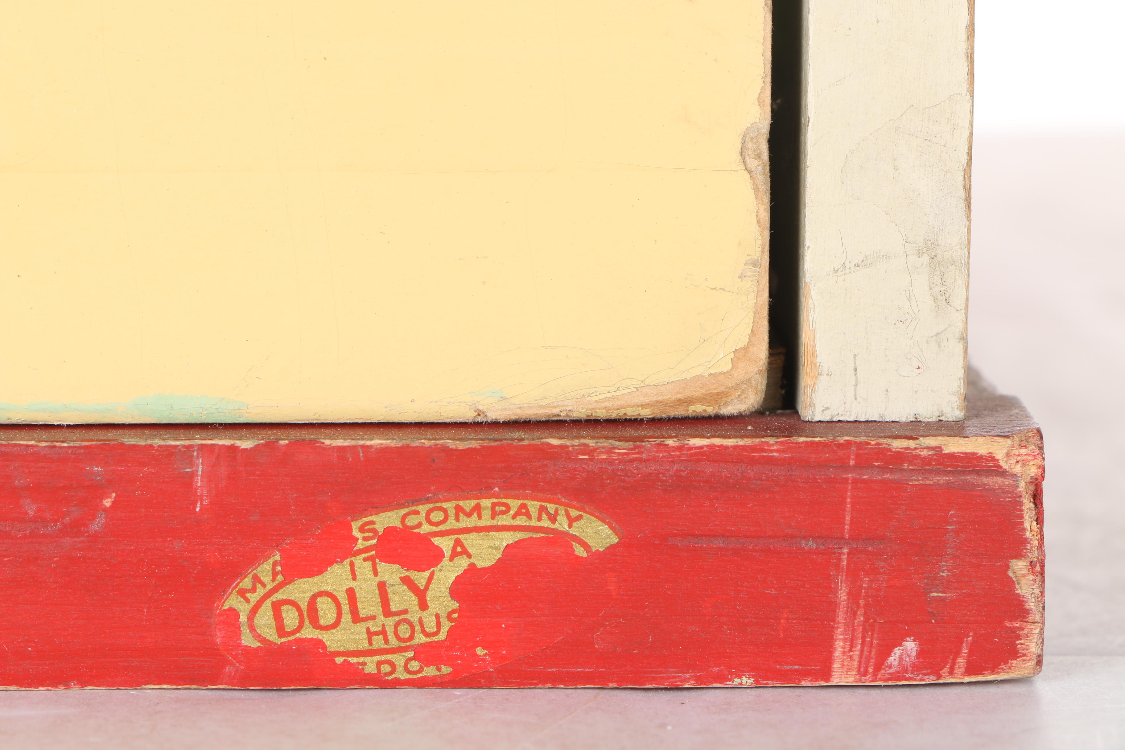 Vintage Yellow Wood Doll House, Dolls, and Accessories