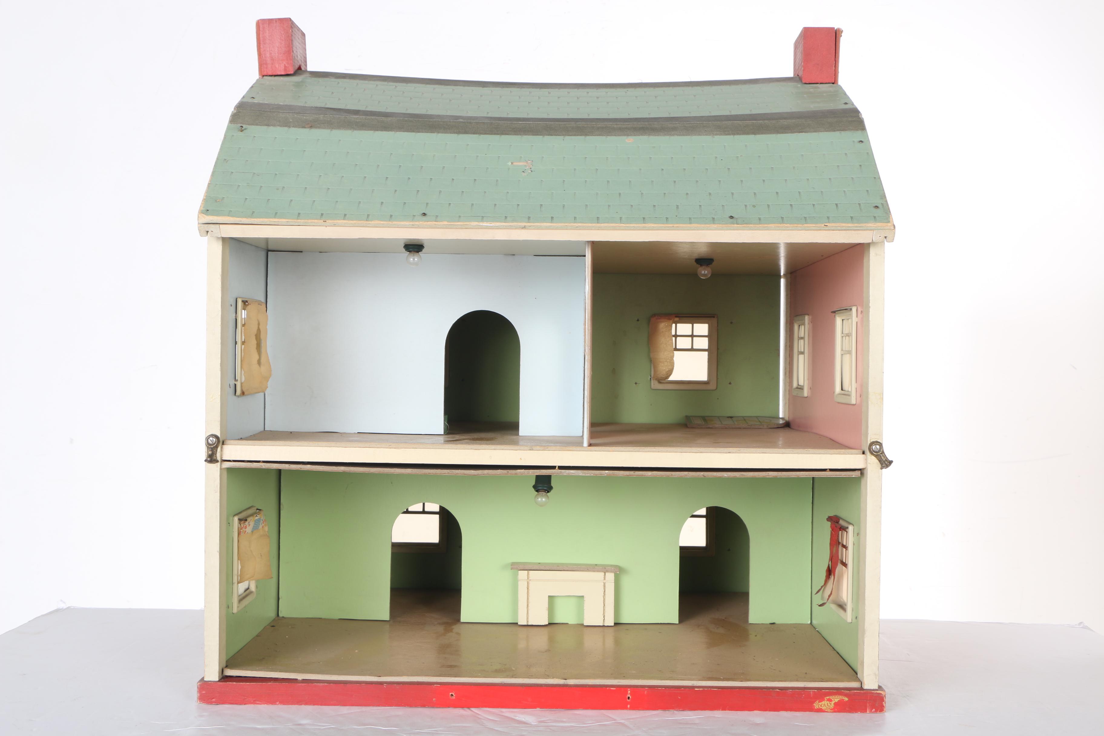 Vintage Yellow Wood Doll House, Dolls, and Accessories