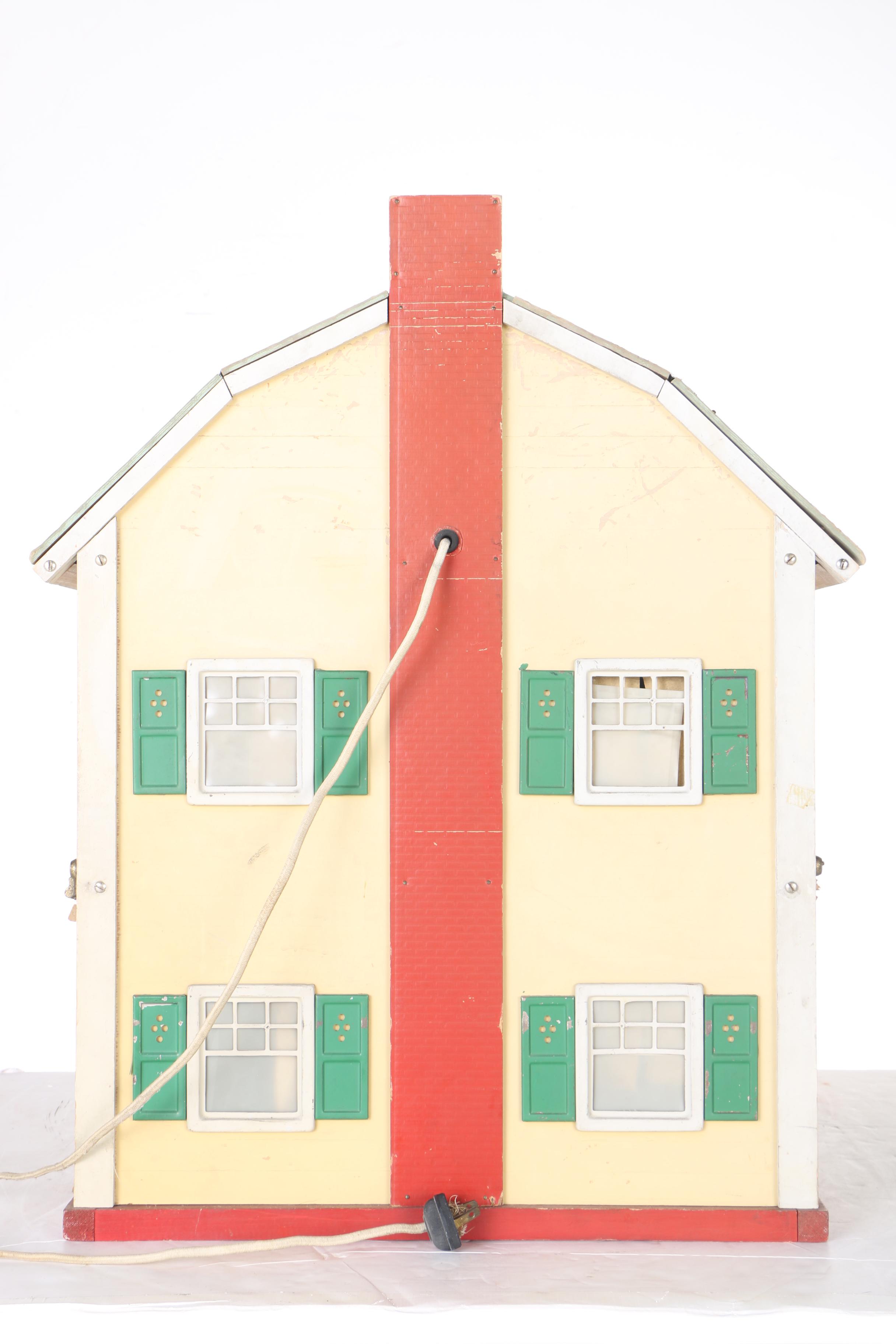 Vintage Yellow Wood Doll House, Dolls, and Accessories