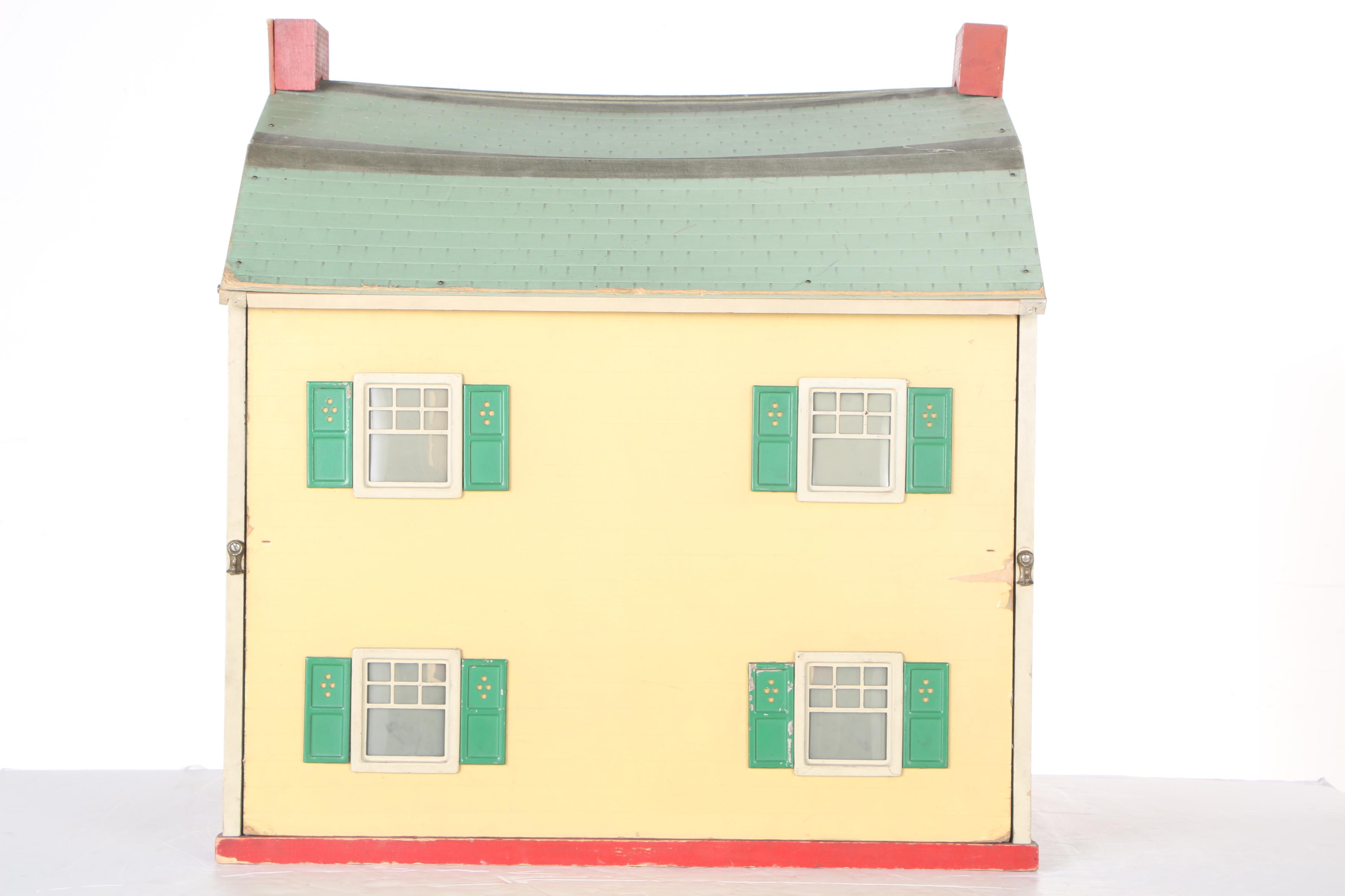 Vintage Yellow Wood Doll House, Dolls, and Accessories