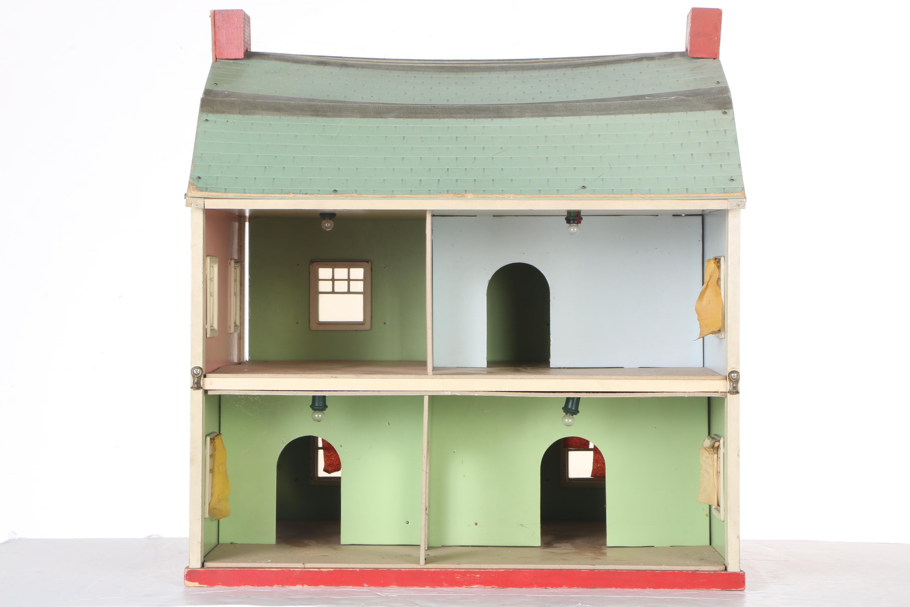 Vintage Yellow Wood Doll House, Dolls, and Accessories