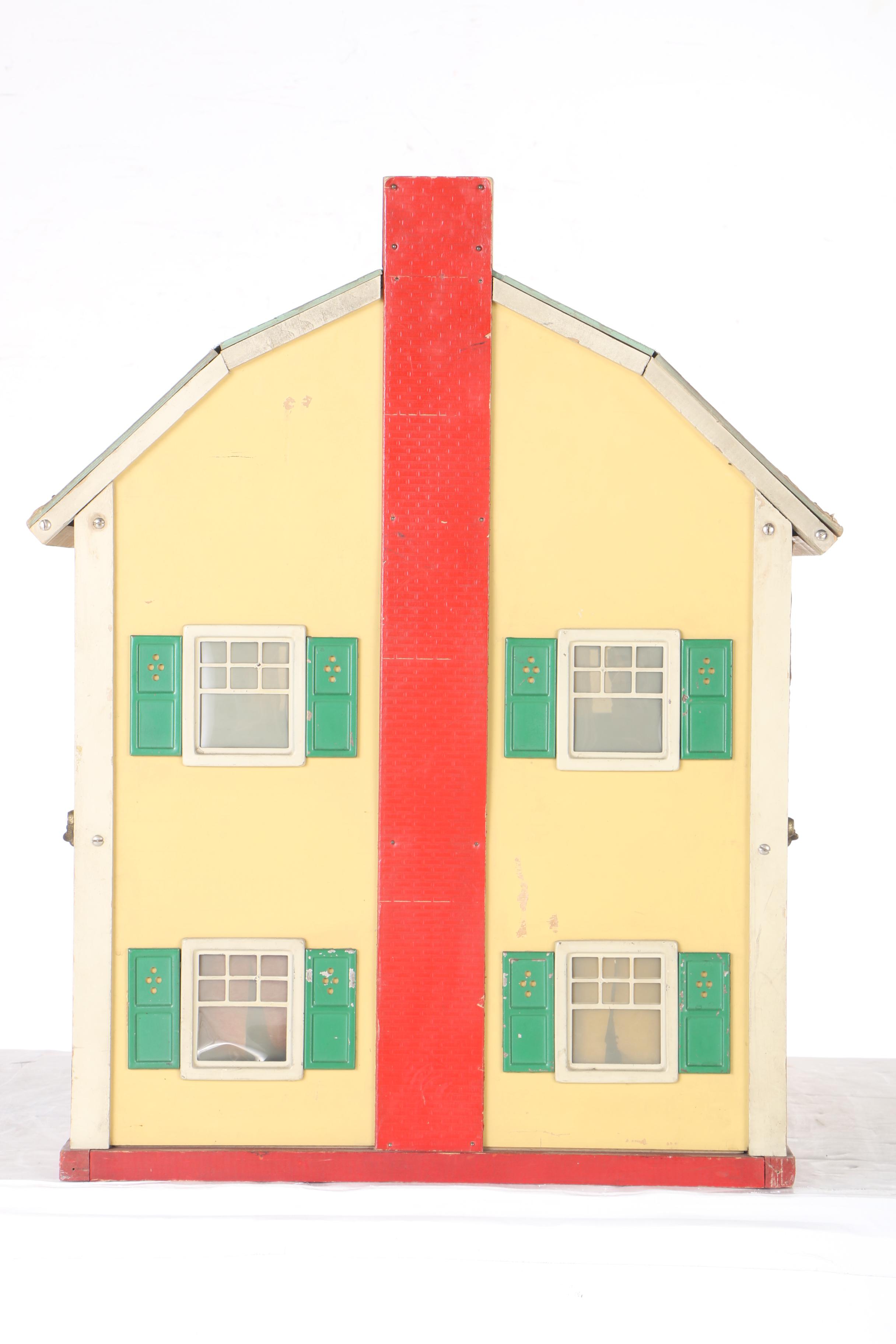 Vintage Yellow Wood Doll House, Dolls, and Accessories