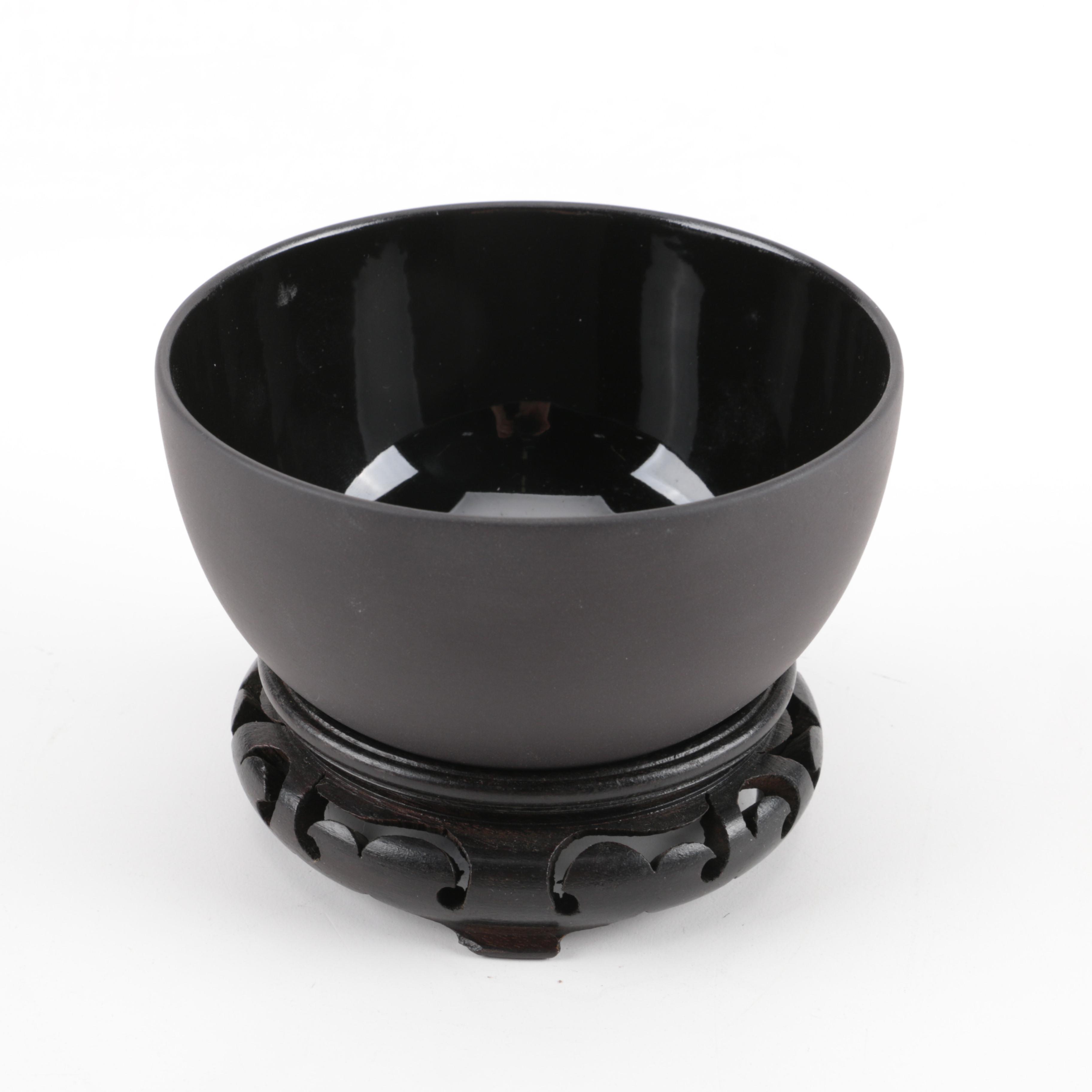 Wedgwood Black Bowl Signed by Sir John Wedgwood With Wooden Base