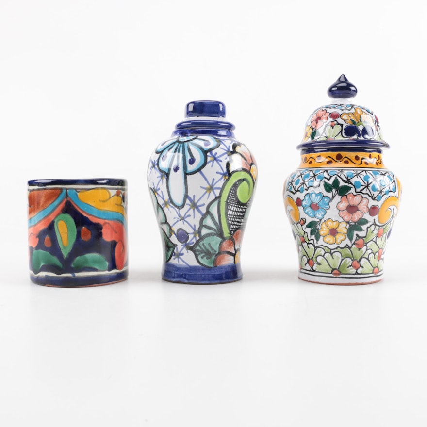 Hand-Painted Mexican Ceramic Jars and Vase