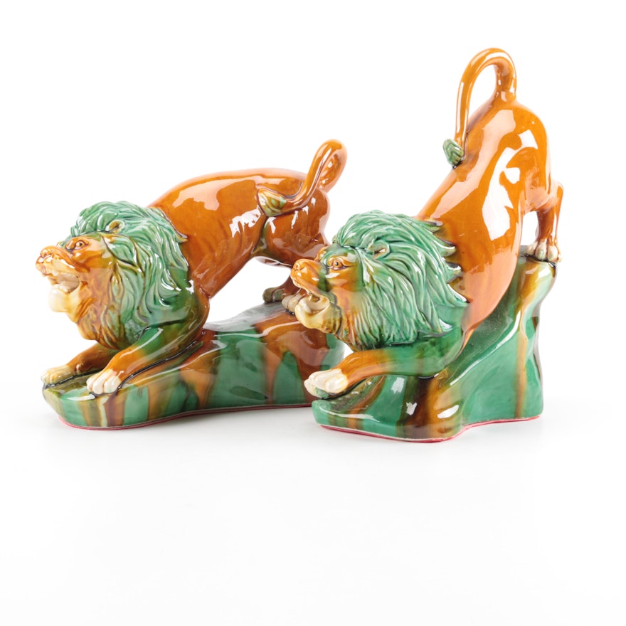 Chinese Ceramic Lion Bookends