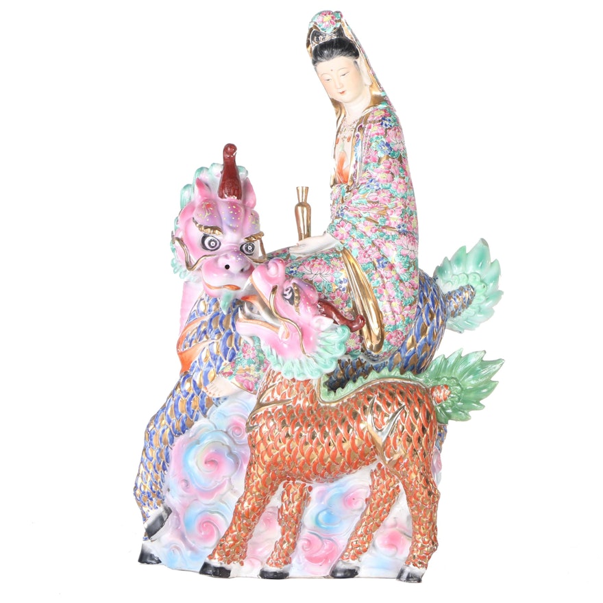 Guanyin Riding a Qilin Porcelain Sculpture
