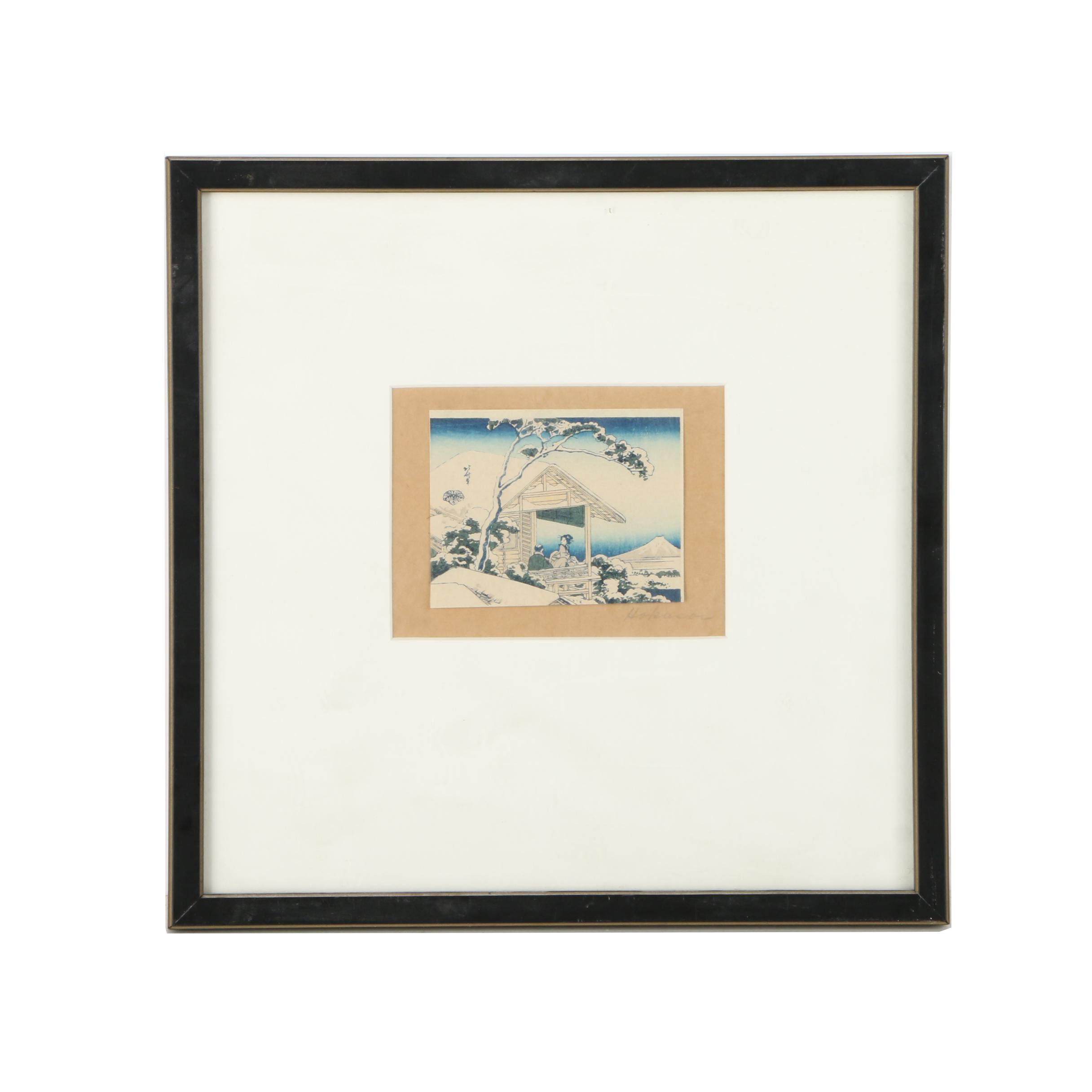 Woodblock on Paper Reproduction After Katsushika Hokusai "Man and Woman Admiring Mount Fuji from a Snowy Pavilion"