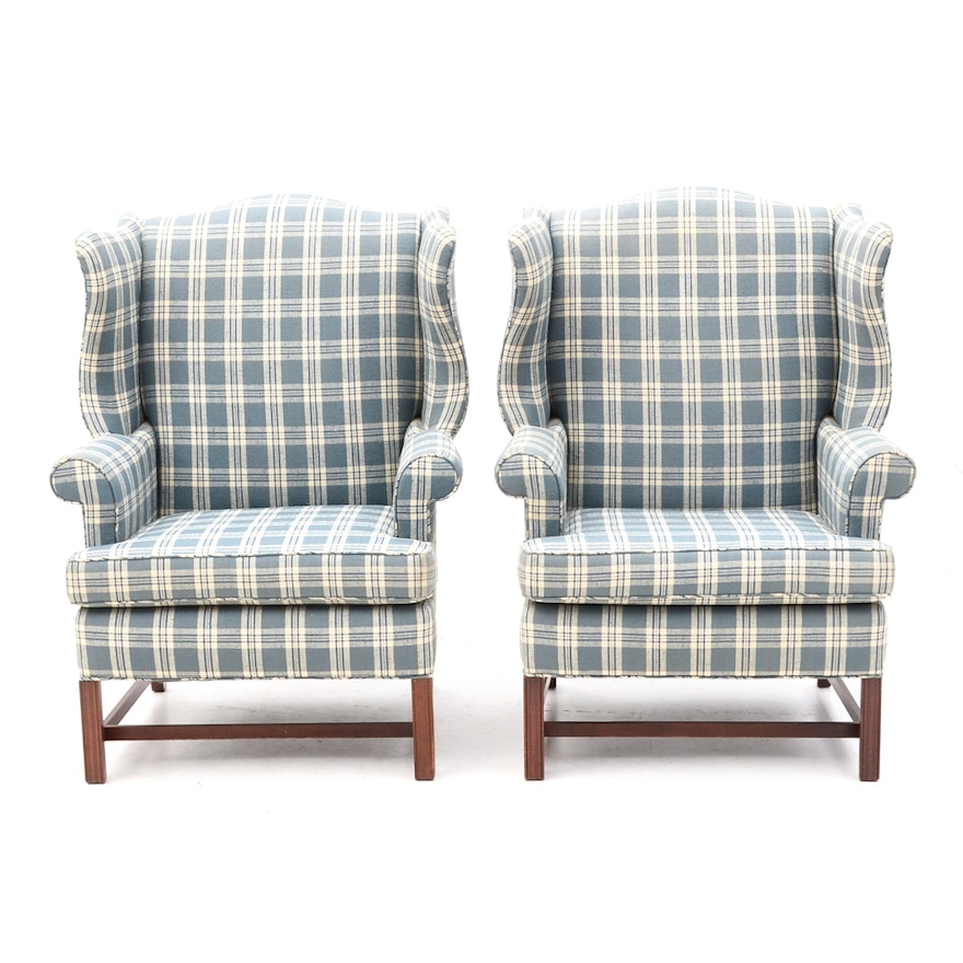 Blue Plaid Wing Back Armchairs
