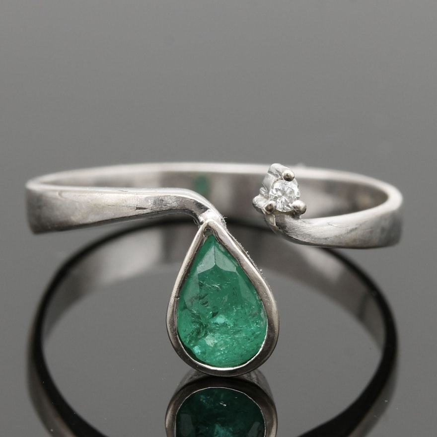 14K White Gold Emerald and Diamond Ring