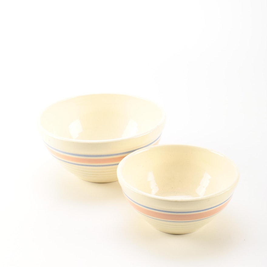 Pair of Vintage McCoy Ceramic Bowls With Blue and Pink Stripes