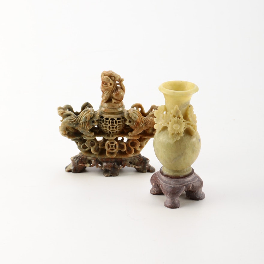 Chinese Soapstone Vase and Guardian Lion Censer