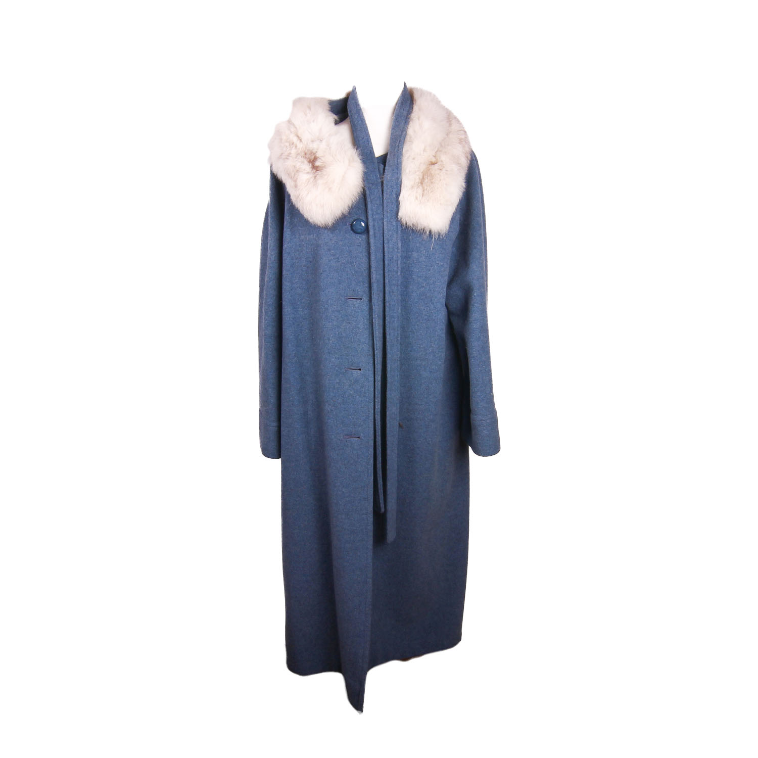 Vintage Blue Wool Coat with Fox Fur Collar