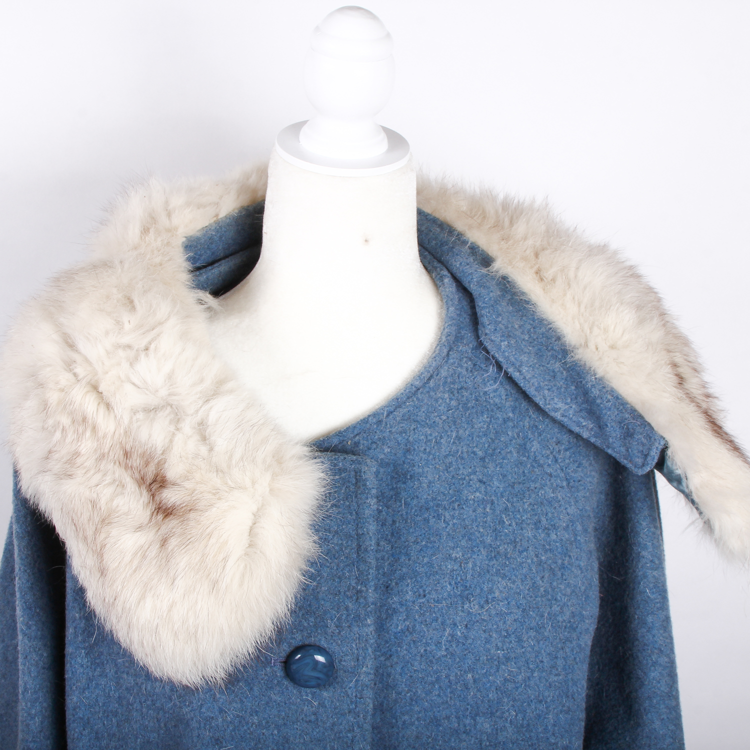 Vintage Blue Wool Coat with Fox Fur Collar