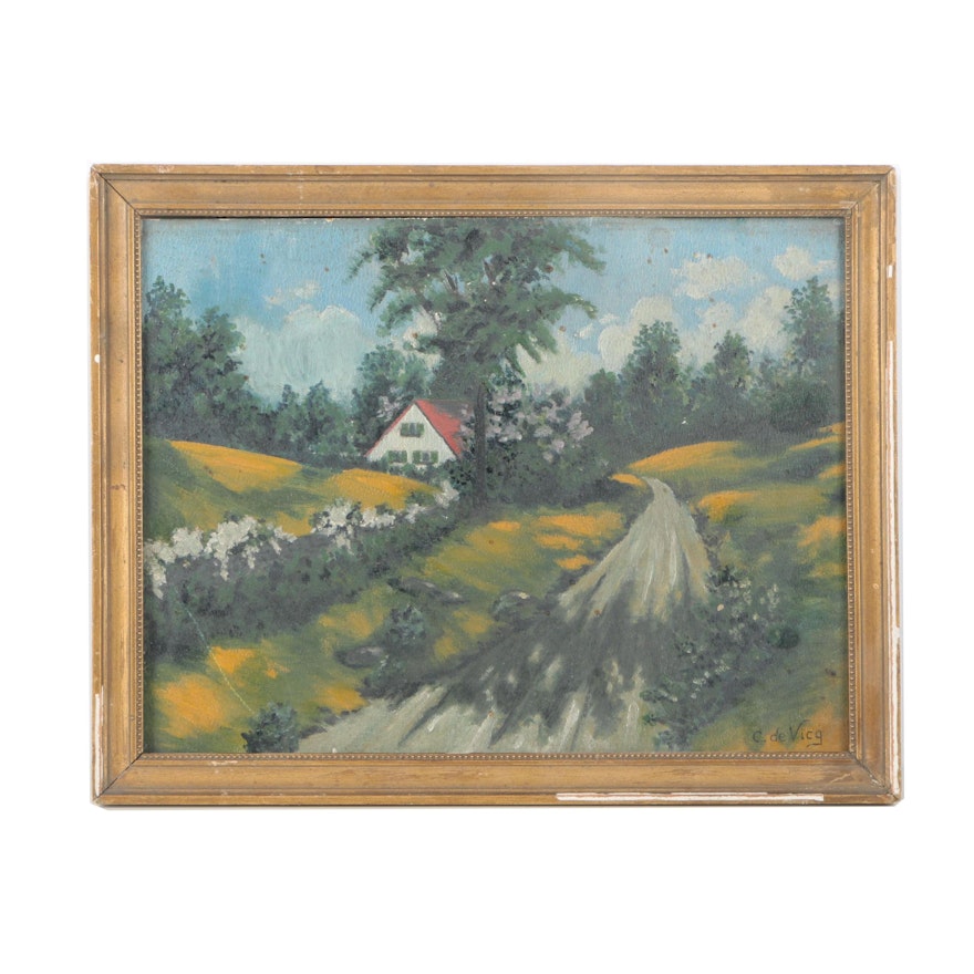 C. de Vicg Oil on Board of a Rural Road