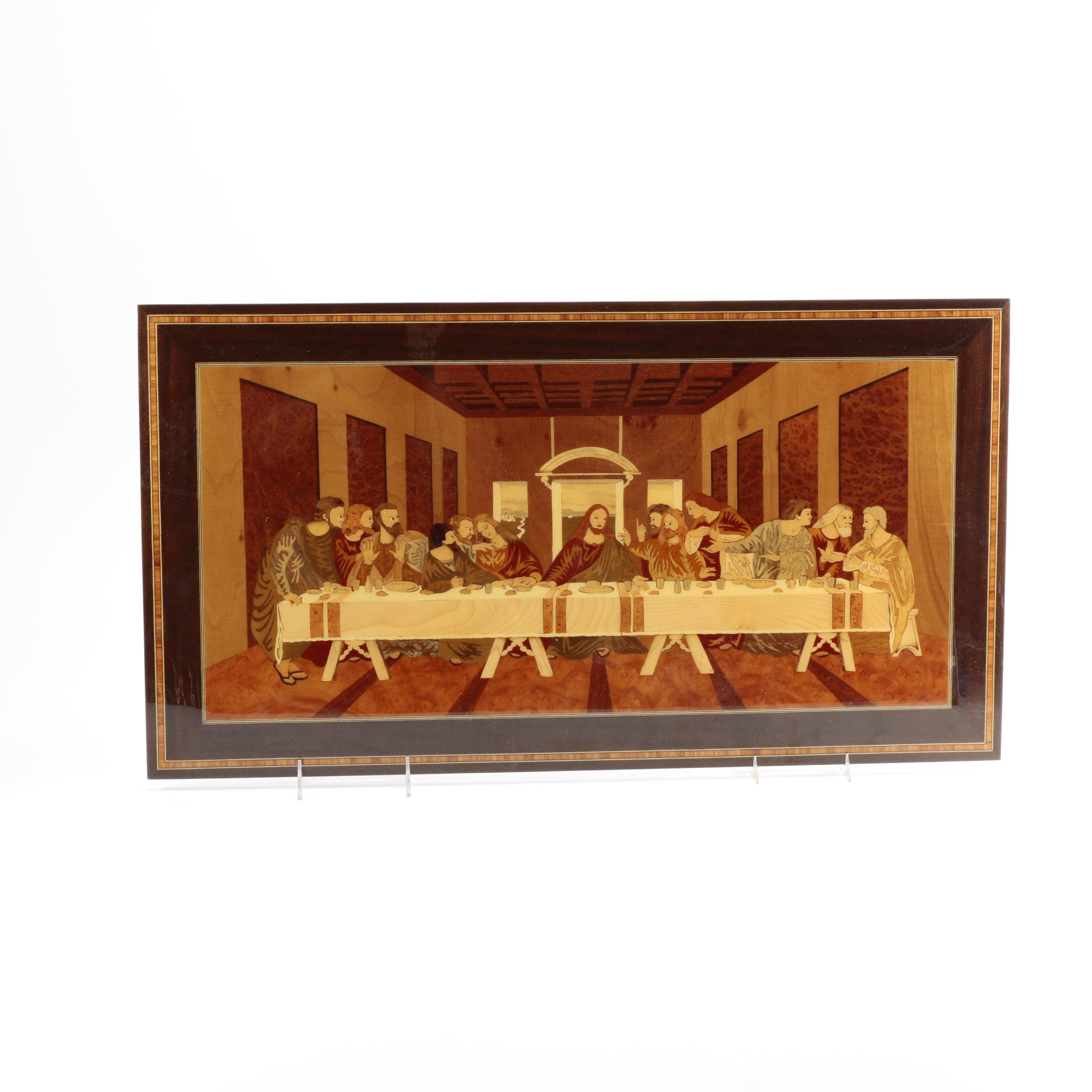 Italian Wooden Inlaid Wall Hanging depicting "The Last Supper"