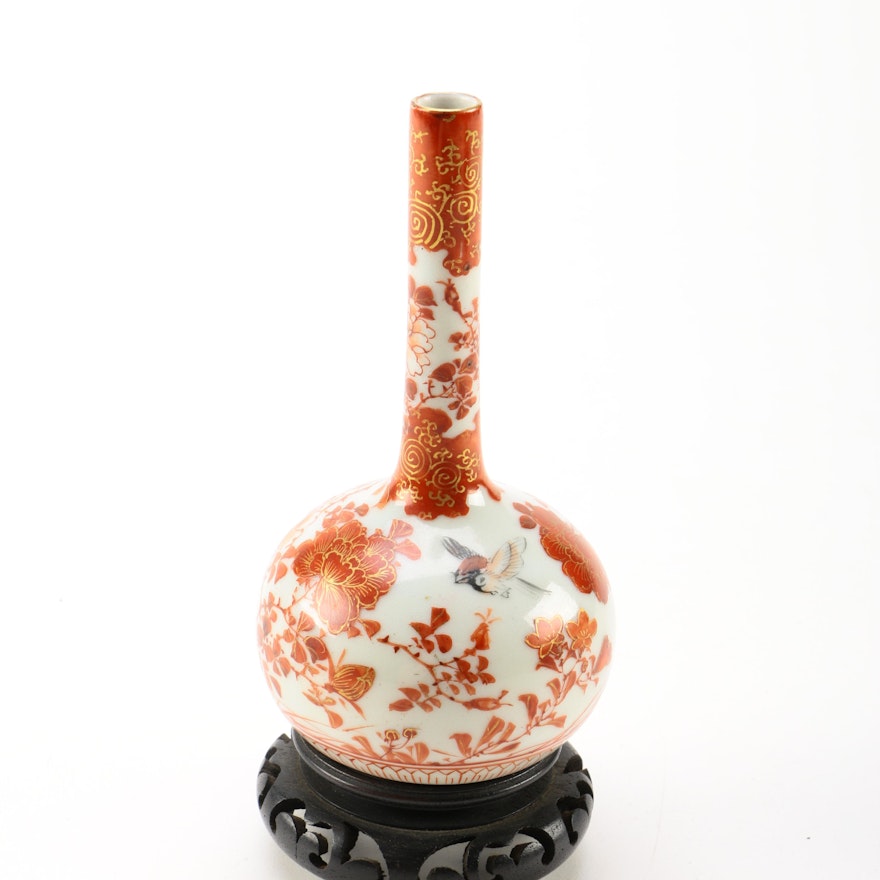 Japanese Kutani Porcelain Vase on Wooden Stand