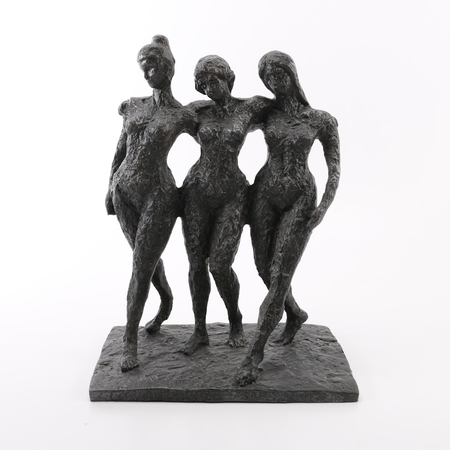 Patinated Cast Plaster Sculpture of Three Women Titled "Trois Dames"