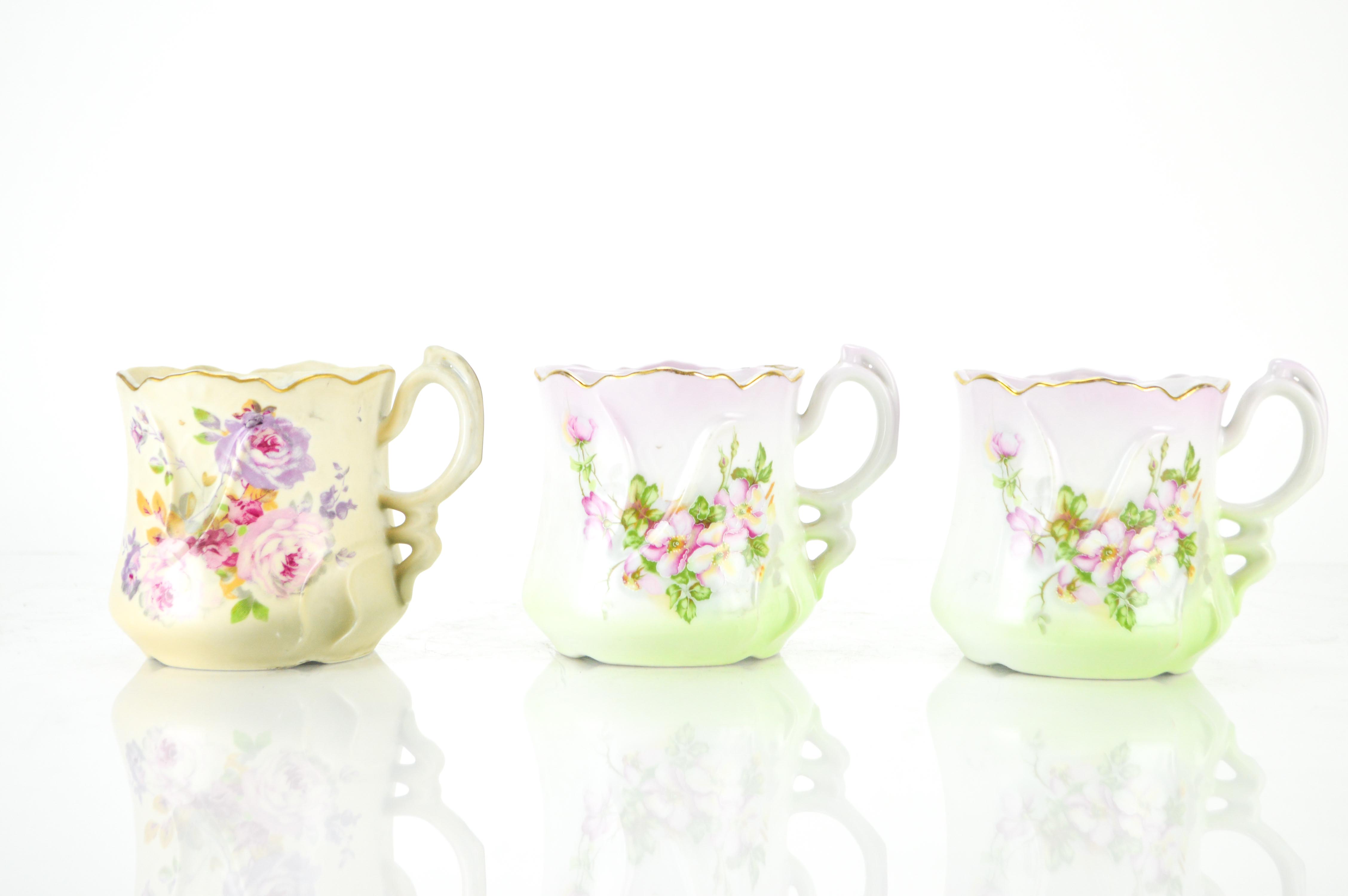 Modern Reproduction Floral China Mustache Mugs