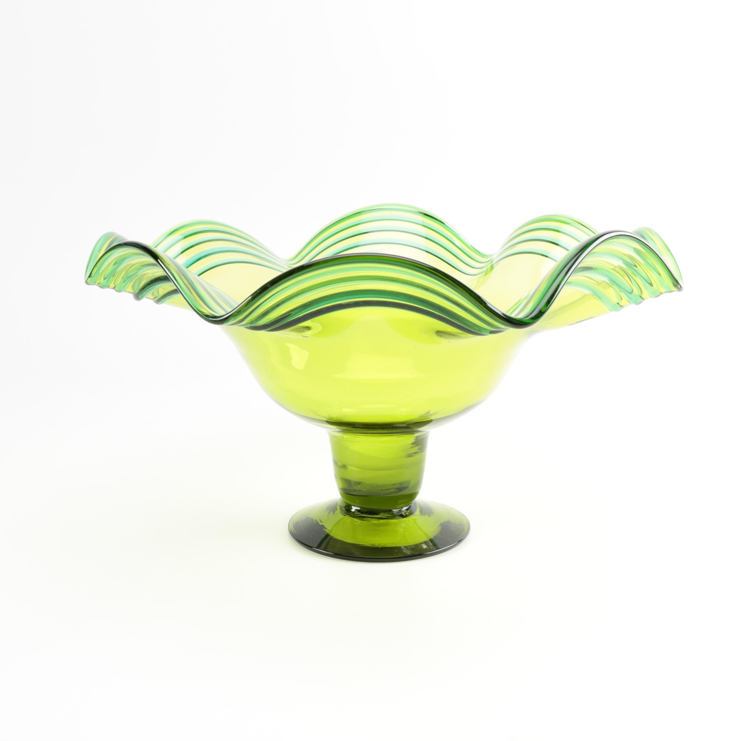 Hand Blown Green and Yellow Ruffled Pedestal Bowl