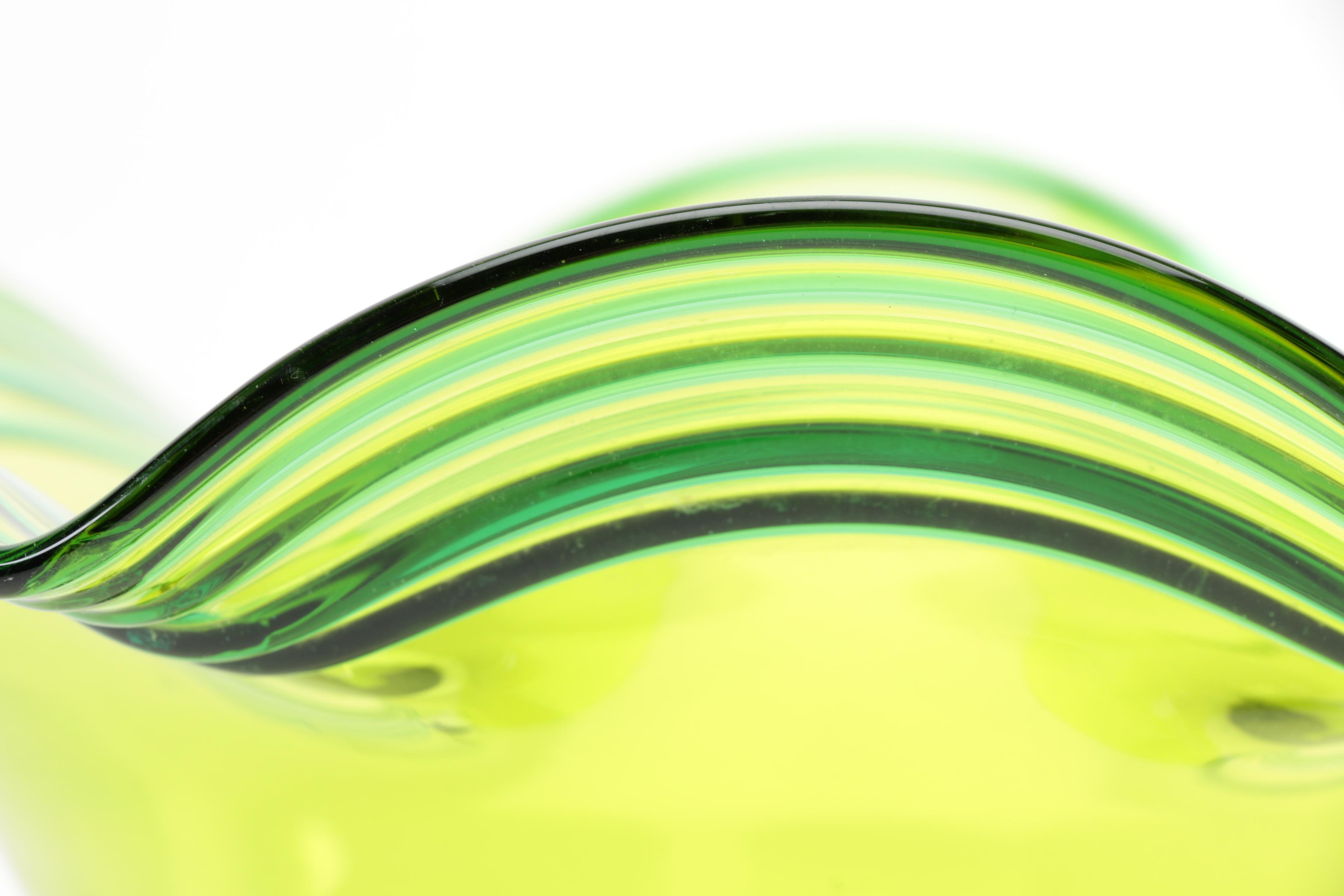 Hand Blown Green and Yellow Ruffled Pedestal Bowl